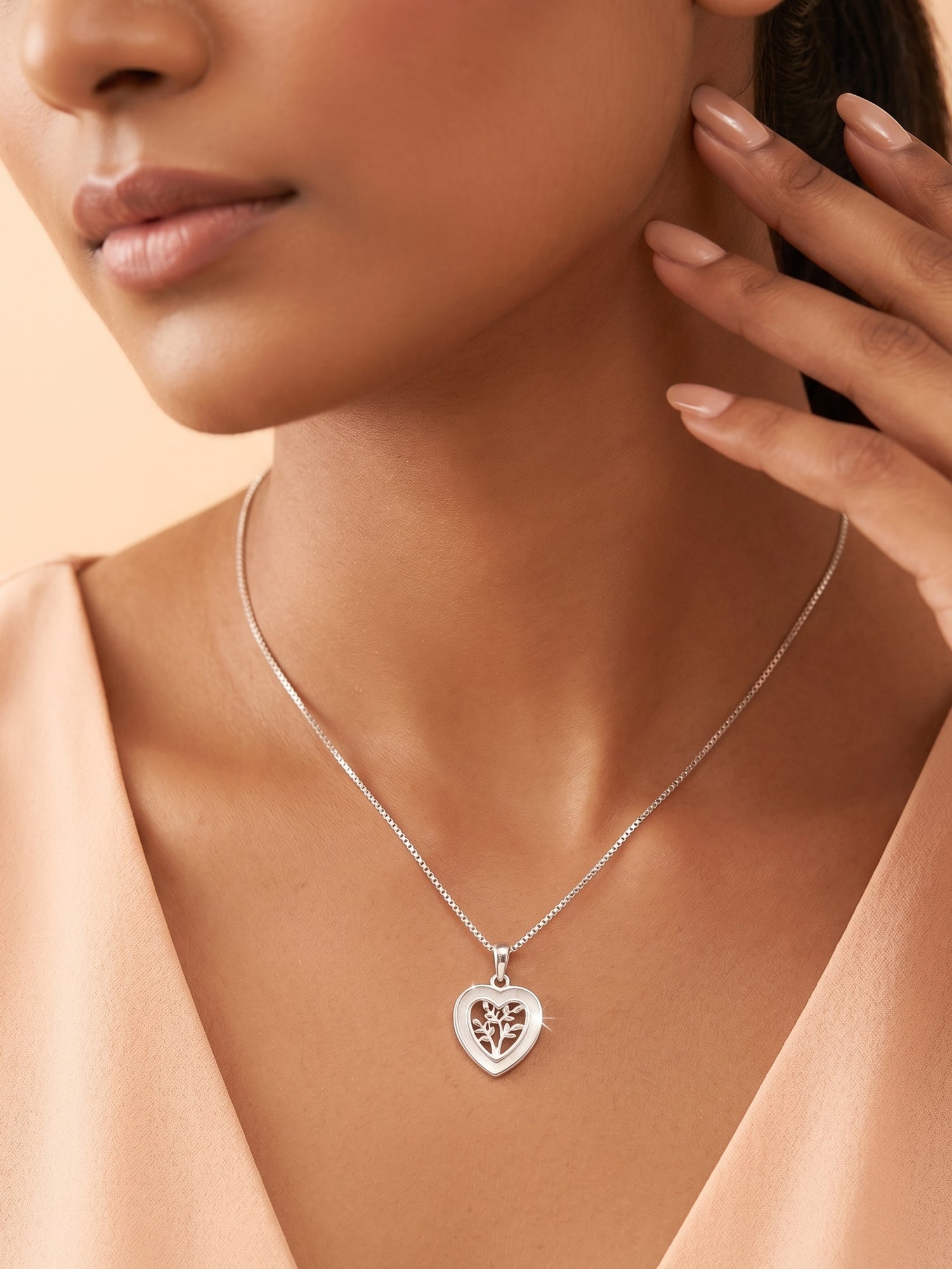 Silver Shimmering Tree of Life Heart Pendant Necklace