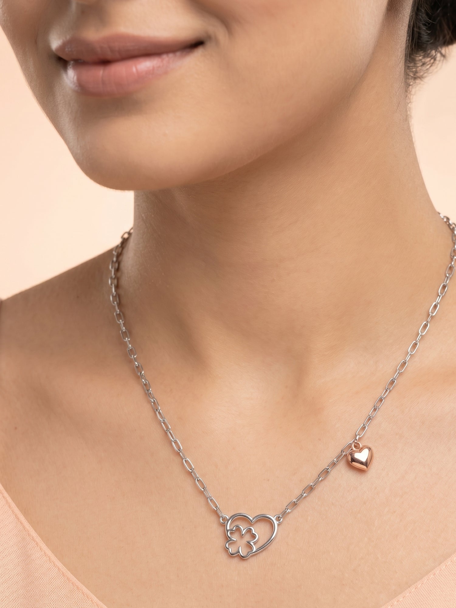 Silver & Rose Gold Heart Clover Paperclip Necklace