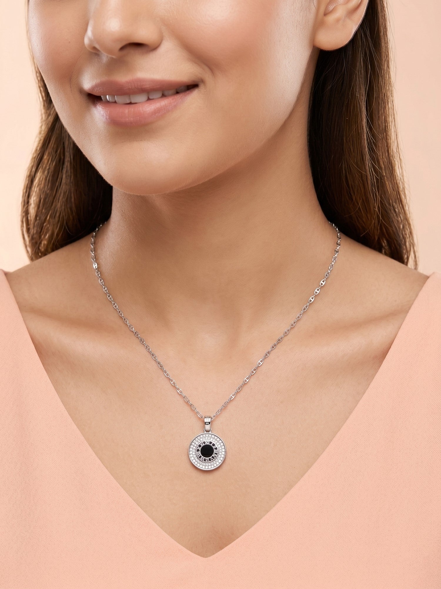 Silver Roman Numeral Shimmering Medallion Necklace