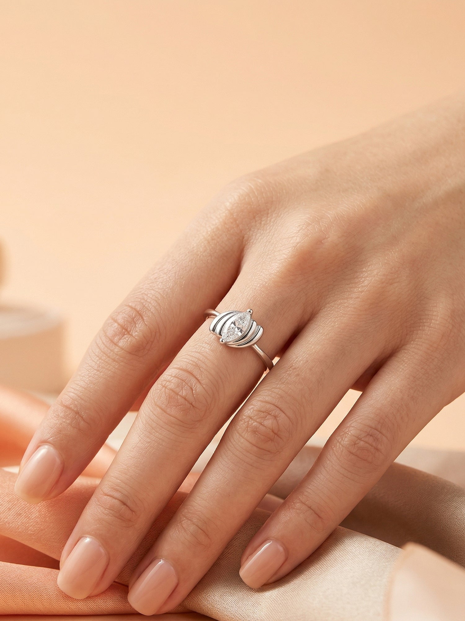 Silver Art Deco Ribbed Marquise Ring