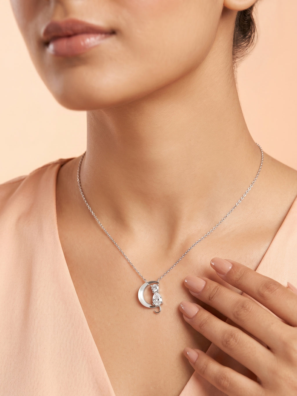 Silver Celestial Cat & Crescent Moon Pendant Necklace