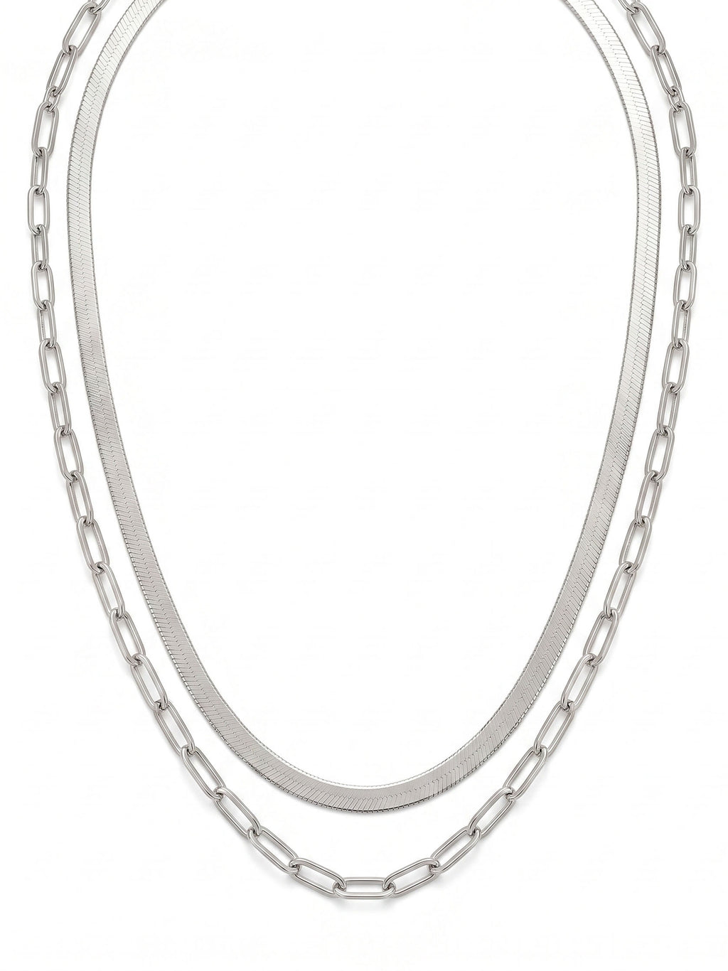 Herringbone & Paperclip Double Layer Chain Necklace in Silver