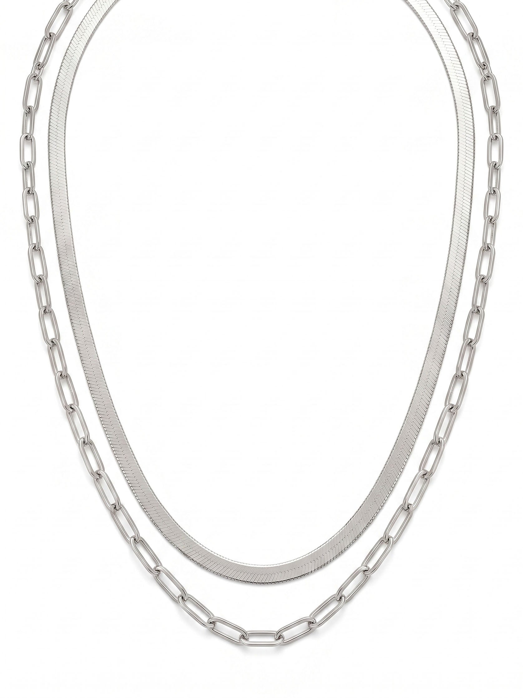 Herringbone & Paperclip Double Layer Chain Necklace in Silver
