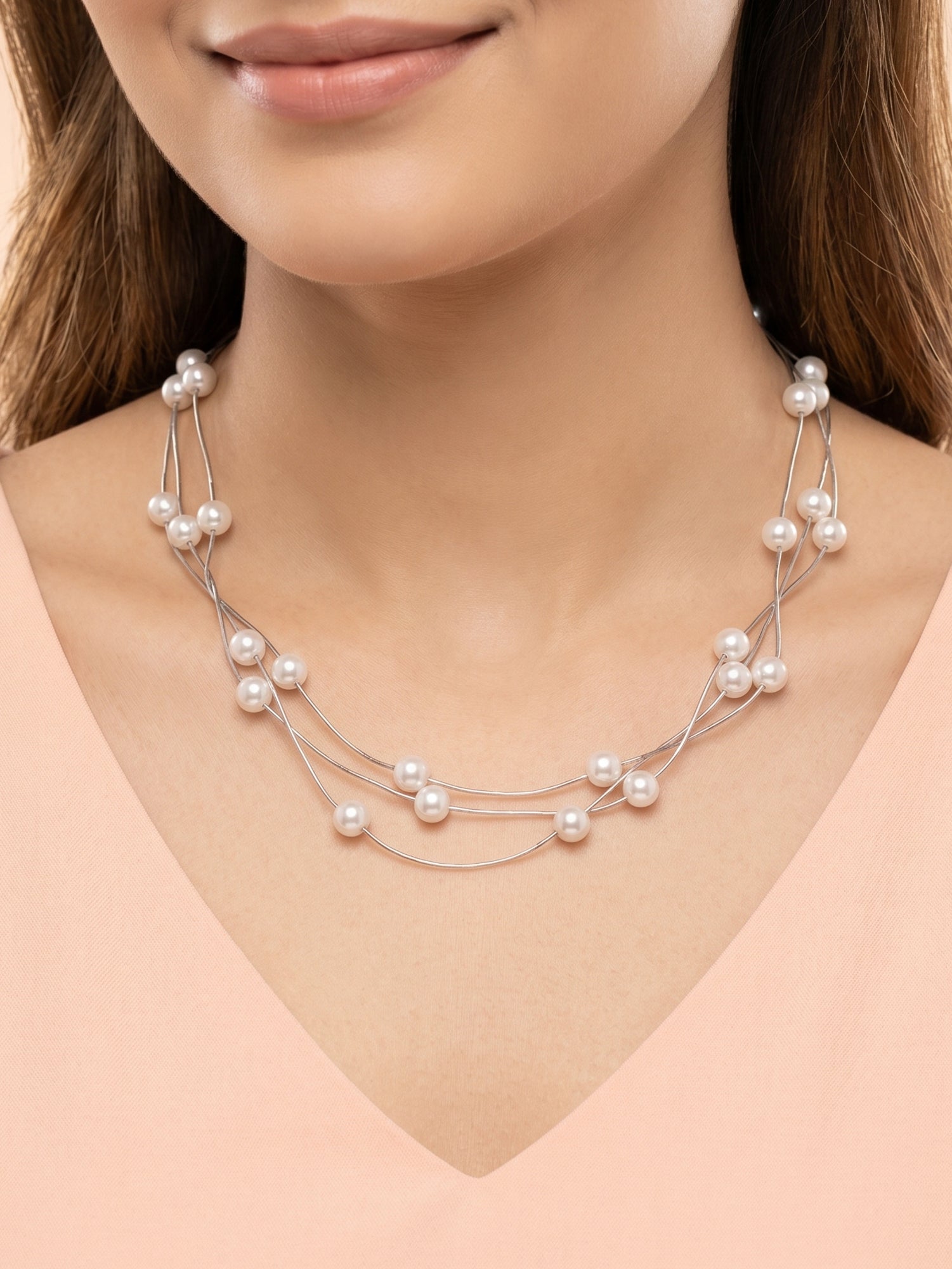 Triple Strand Floating Pearl Station Necklace