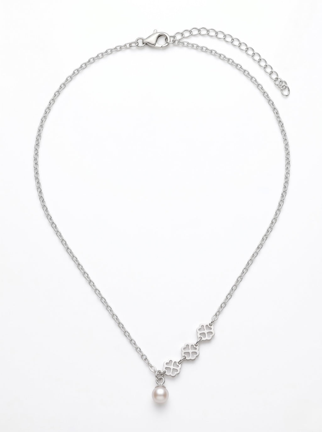 Silver Clover Trio & Pearl Drop Necklace