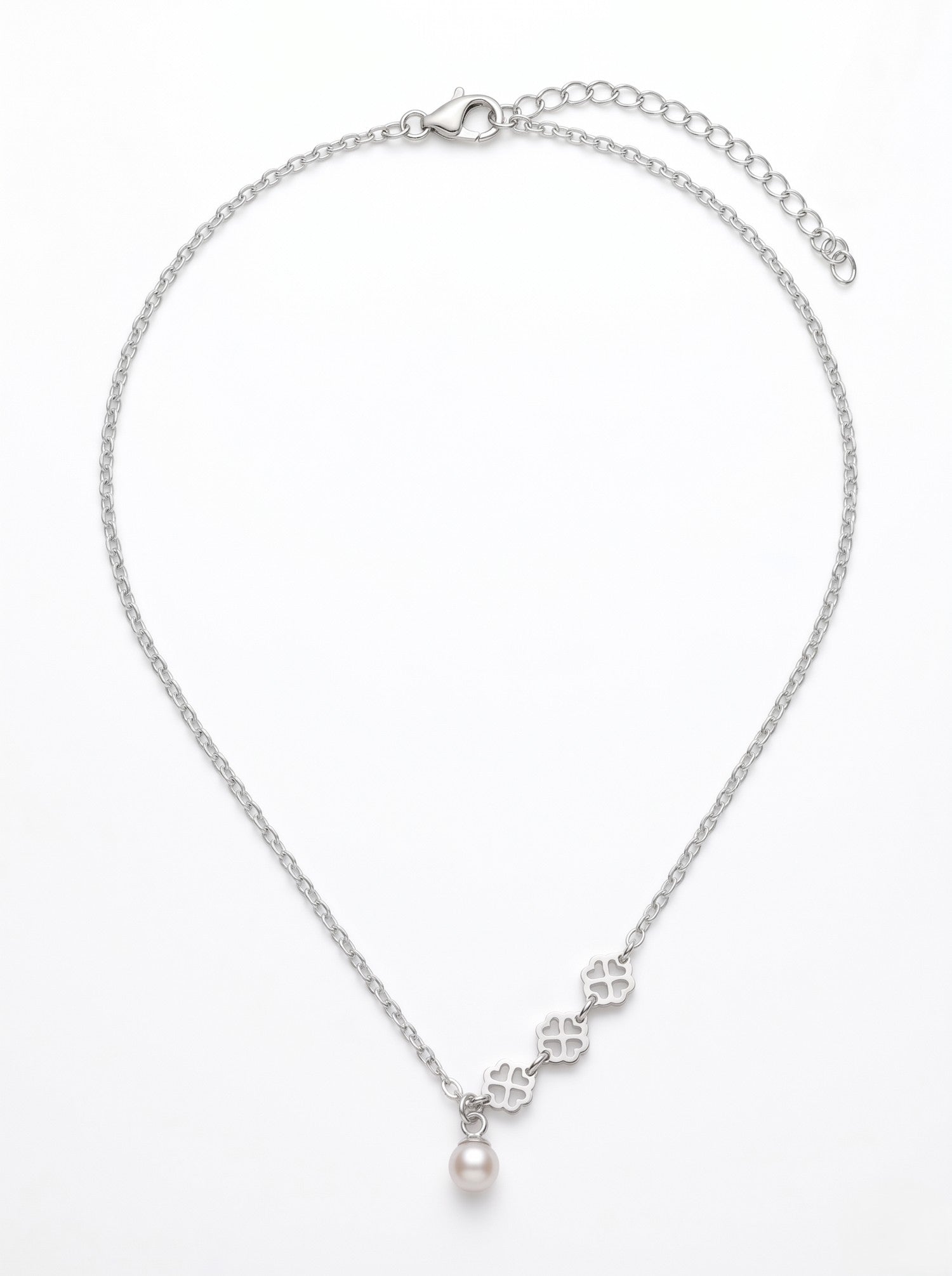 Silver Clover Trio & Pearl Drop Necklace