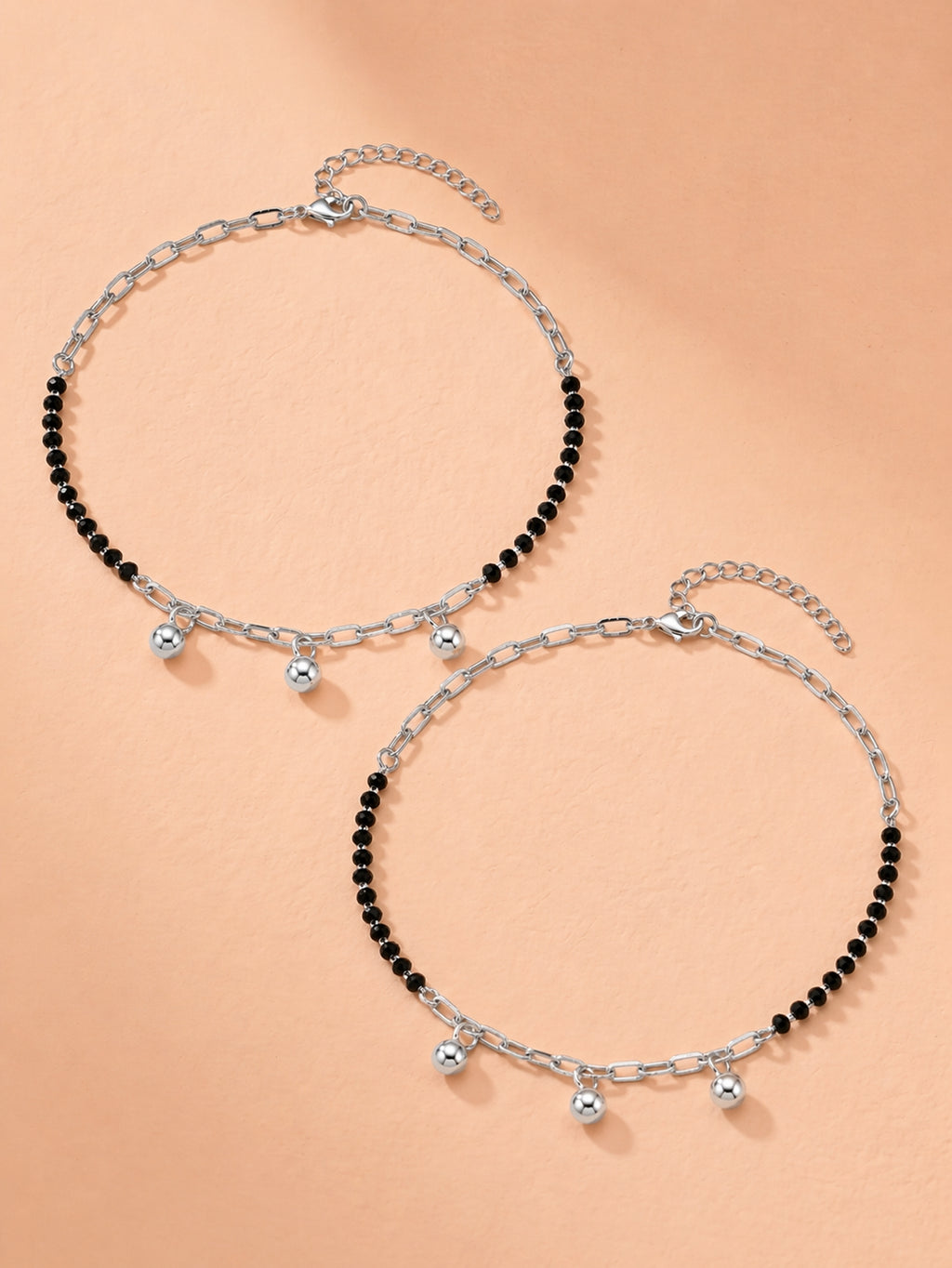 Noir Onyx & Polished Orb Paperclip Anklet Pair
