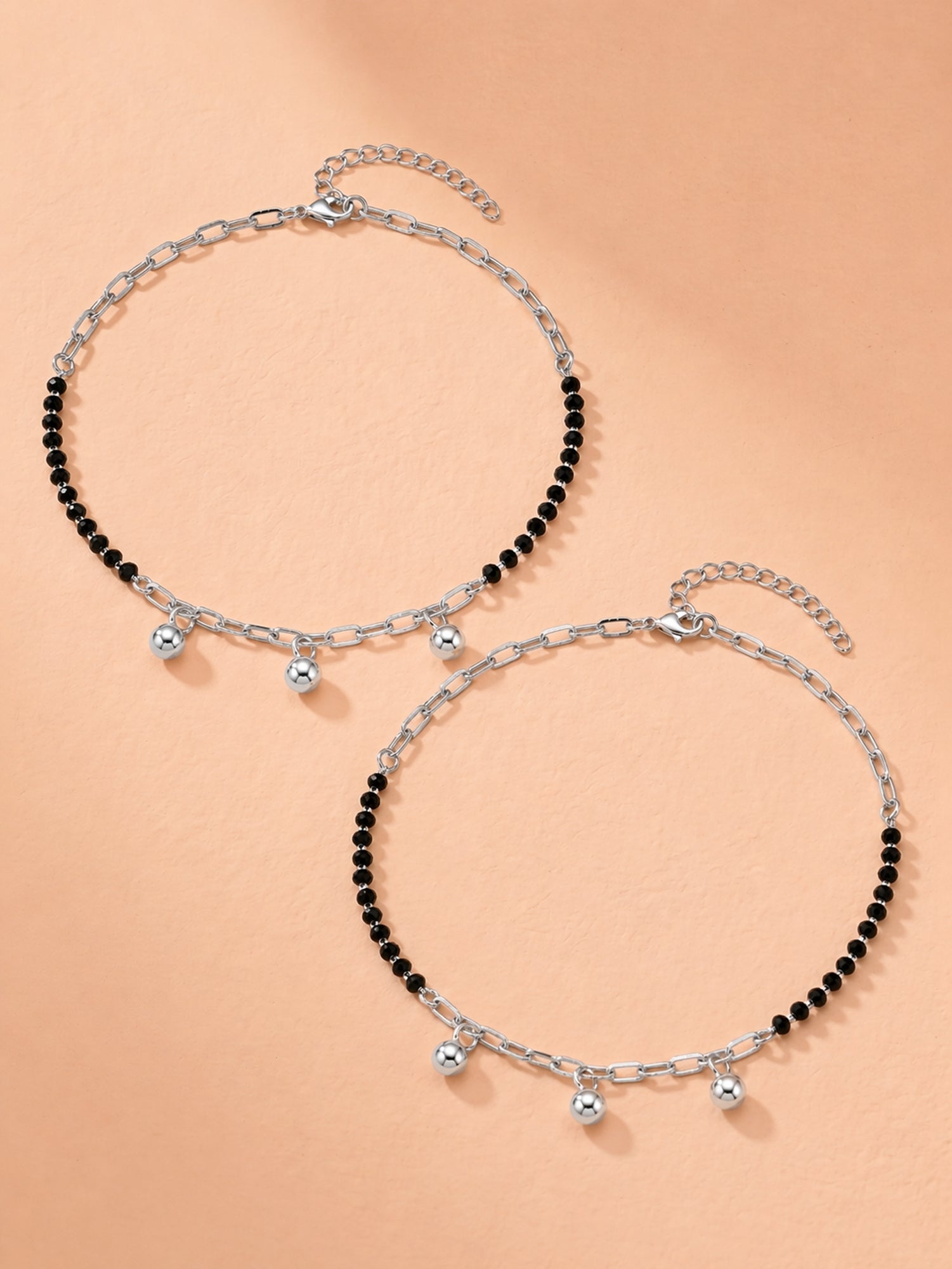 Noir Onyx & Polished Orb Paperclip Anklet Pair