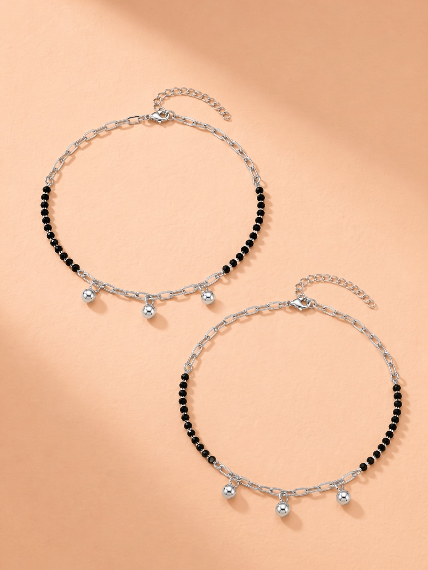Noir Onyx & Polished Orb Paperclip Anklet Pair