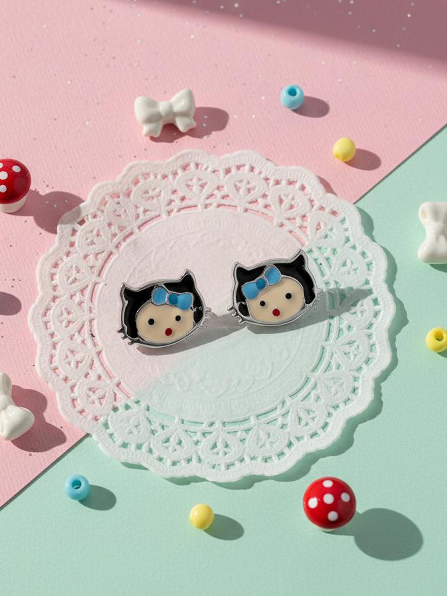 Blue Bow Kitty Enamel Stud Earrings
