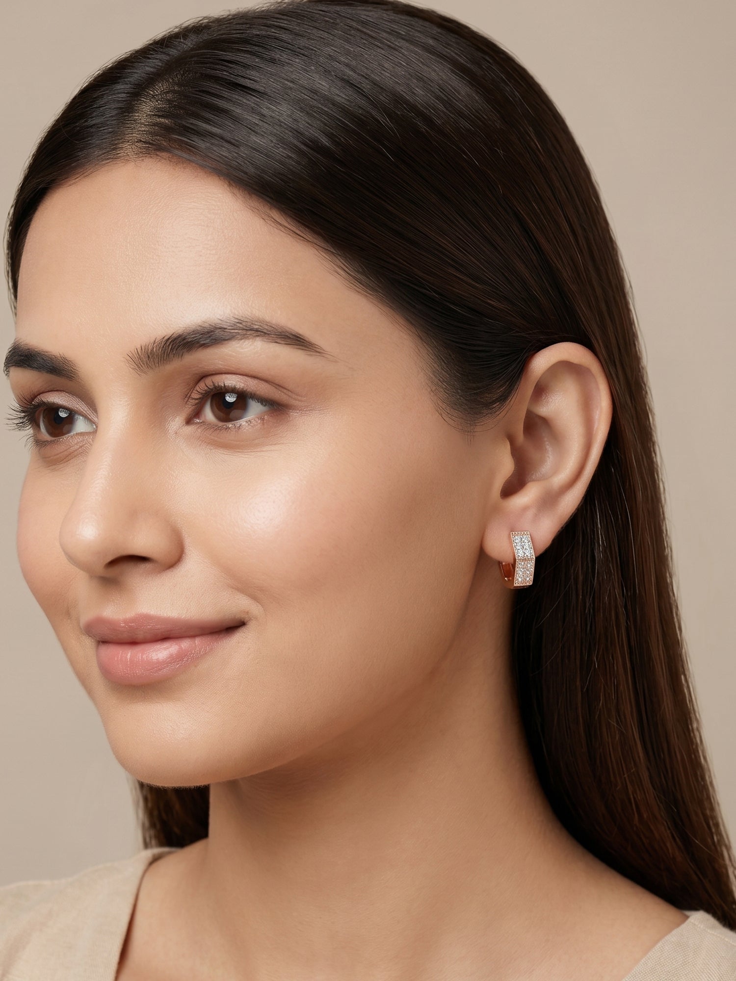 Hexagonal Pavé Cubic Zirconia Rose Gold Huggie Earrings