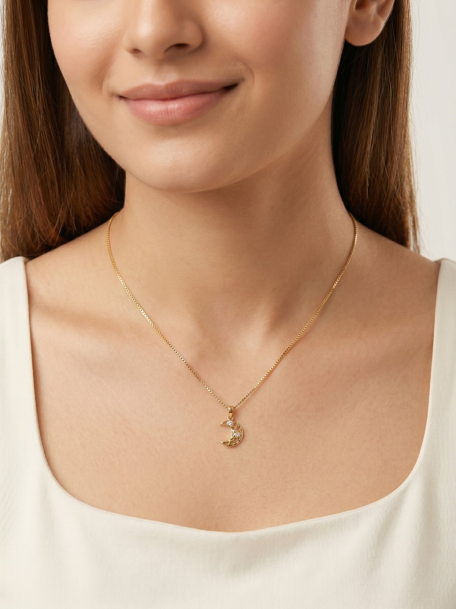 Crescent Moon Star CZ Gold Pendant