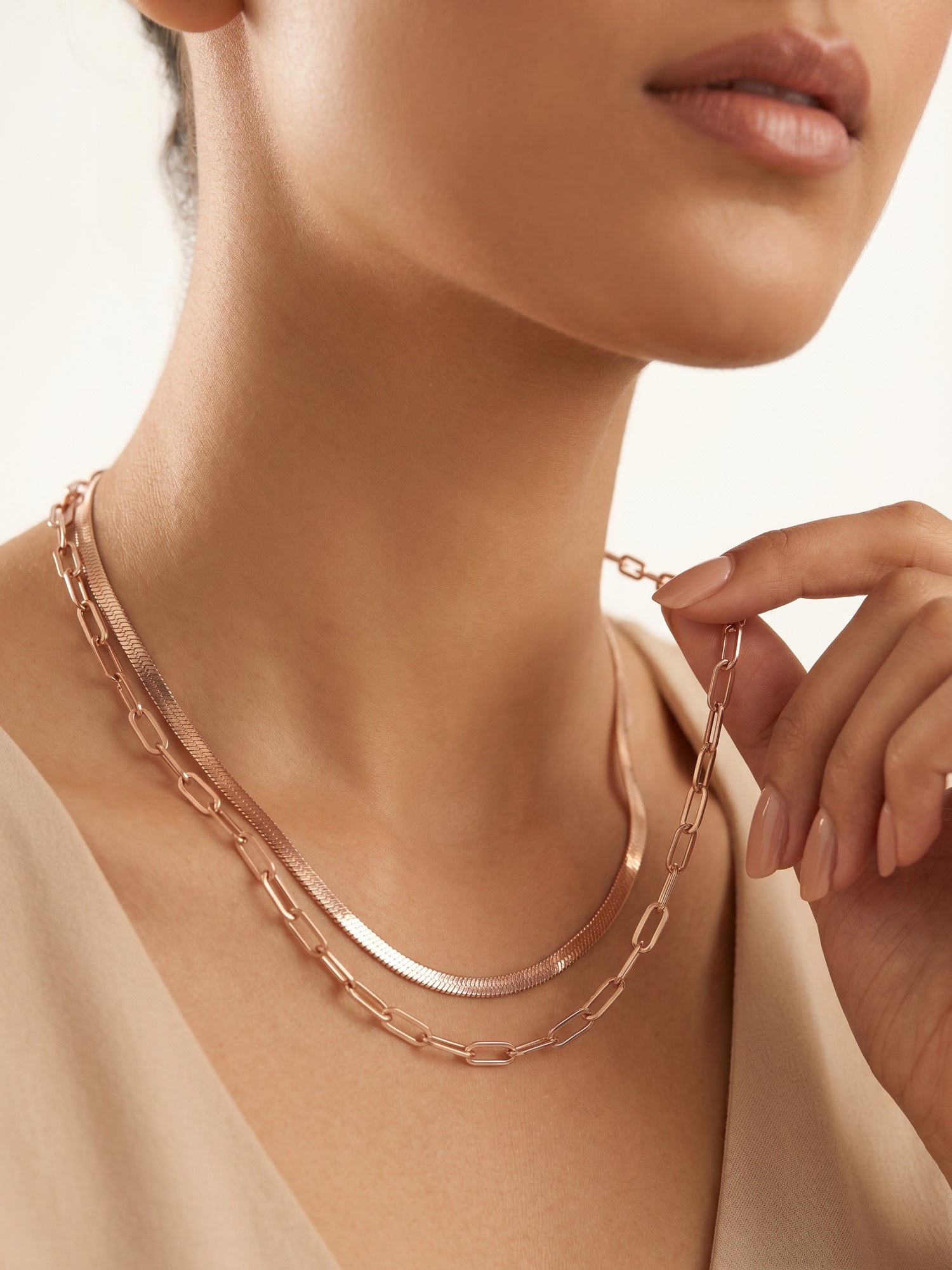 Herringbone & Paperclip Double Layer Chain Necklace in Rose Gold