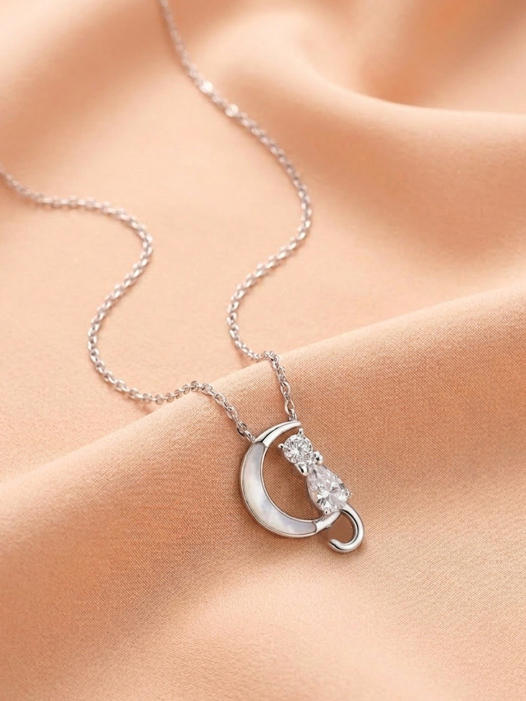 Silver Celestial Cat & Crescent Moon Pendant Necklace