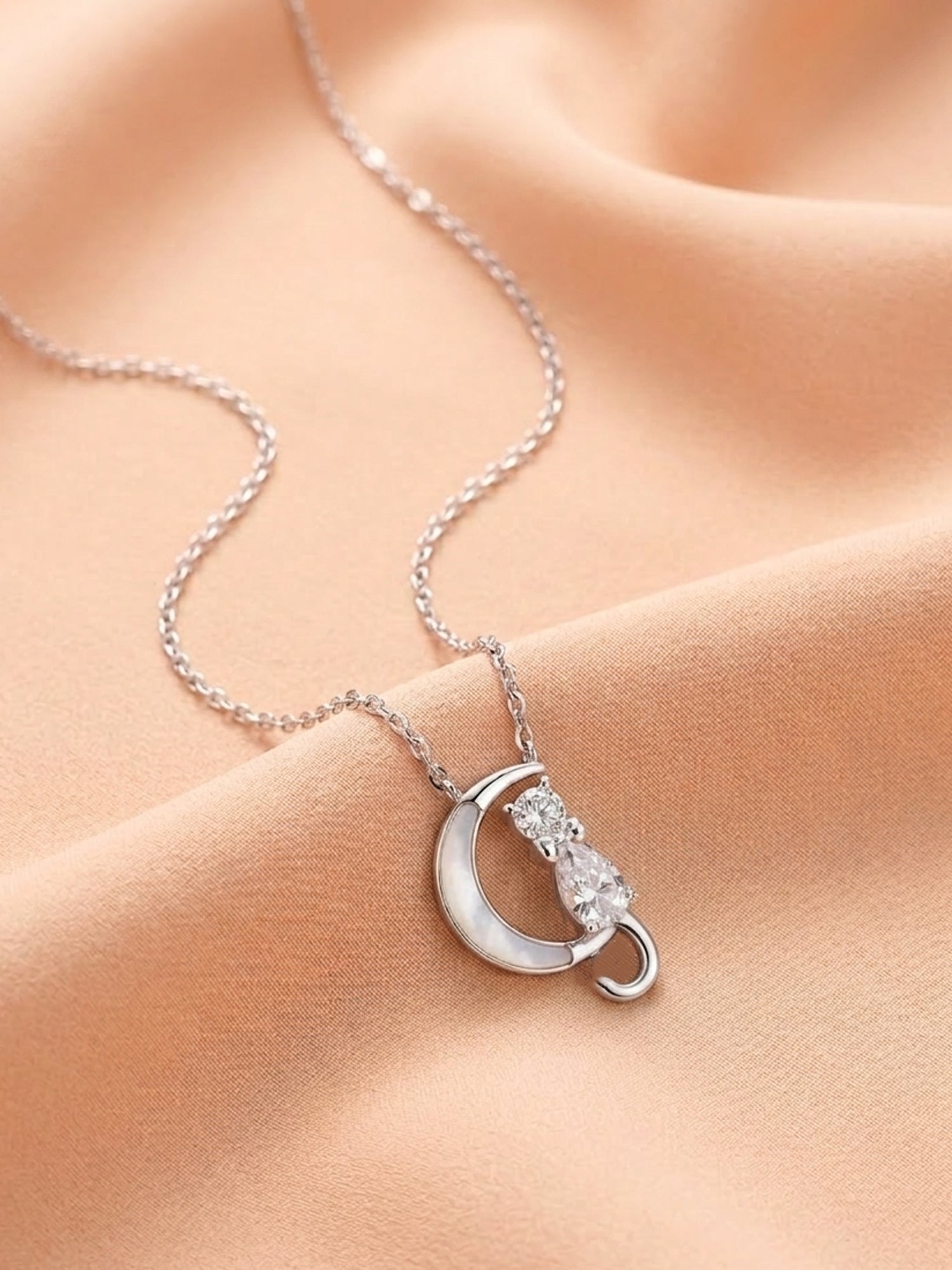 Silver Celestial Cat & Crescent Moon Pendant Necklace