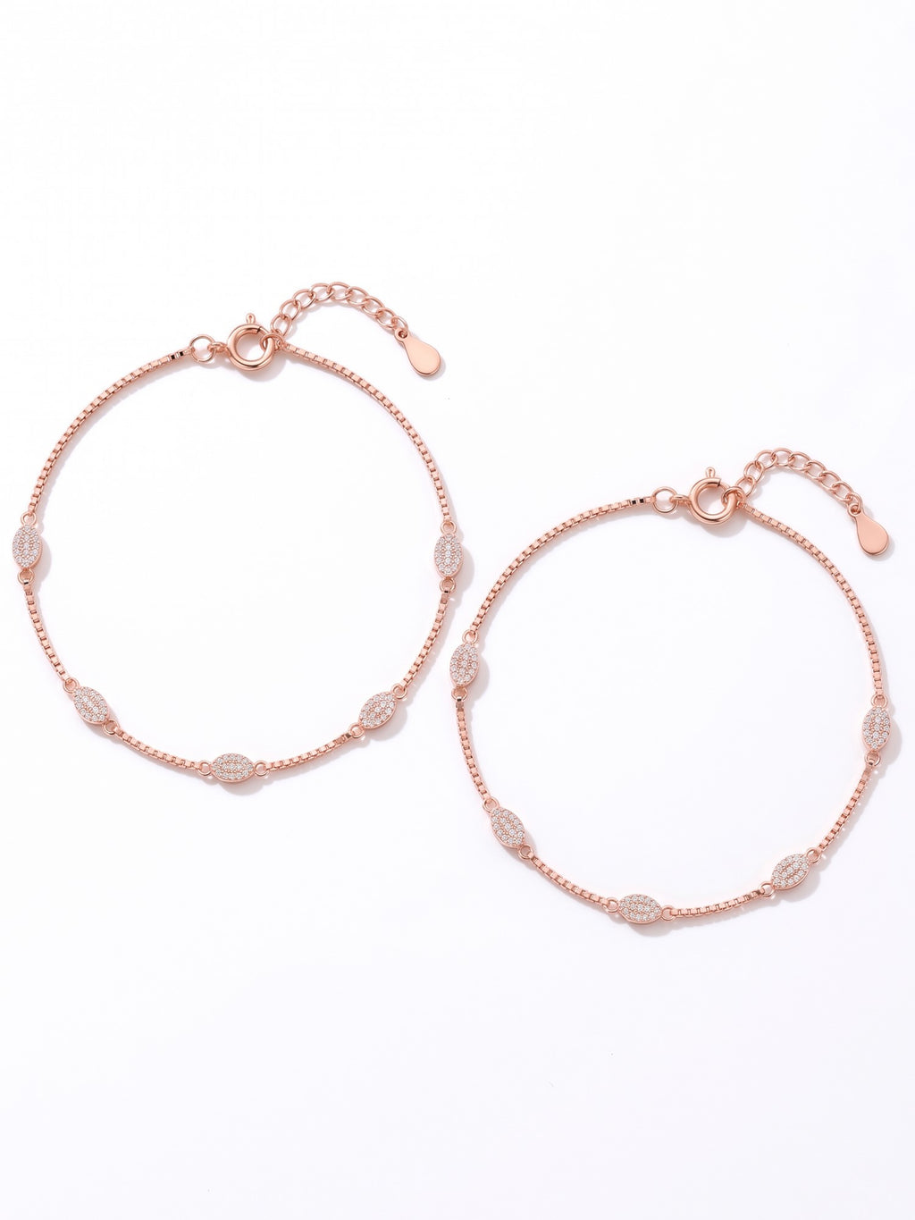 Roseate Celestial Oval Pavé Box Chain Anklet Pair