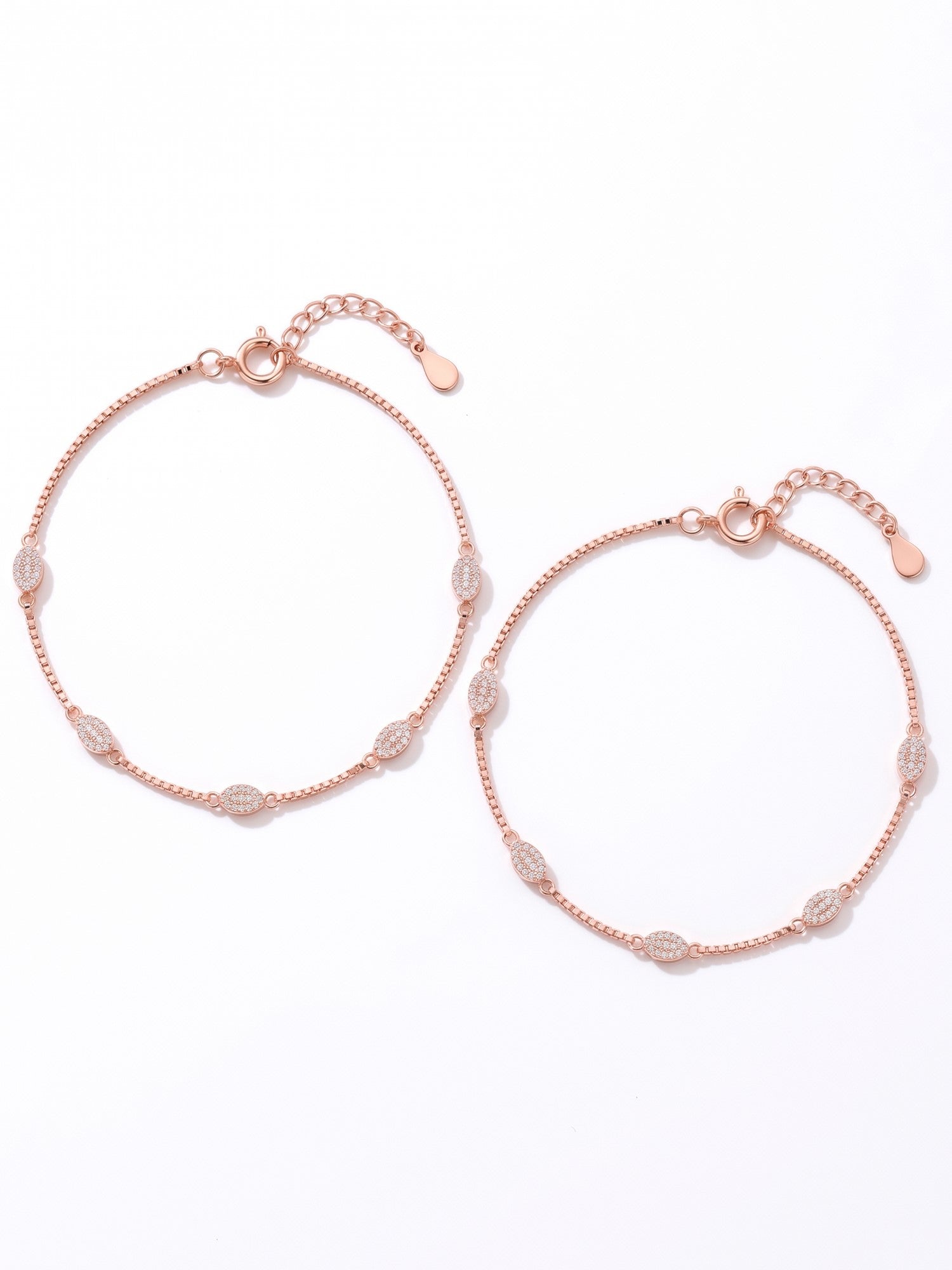 Roseate Celestial Oval Pavé Box Chain Anklet Pair