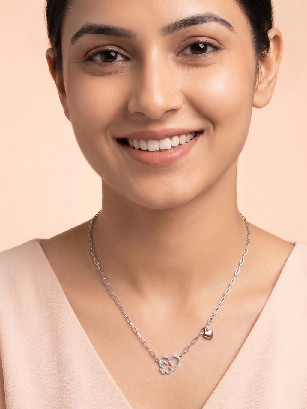Silver & Rose Gold Heart Clover Paperclip Necklace