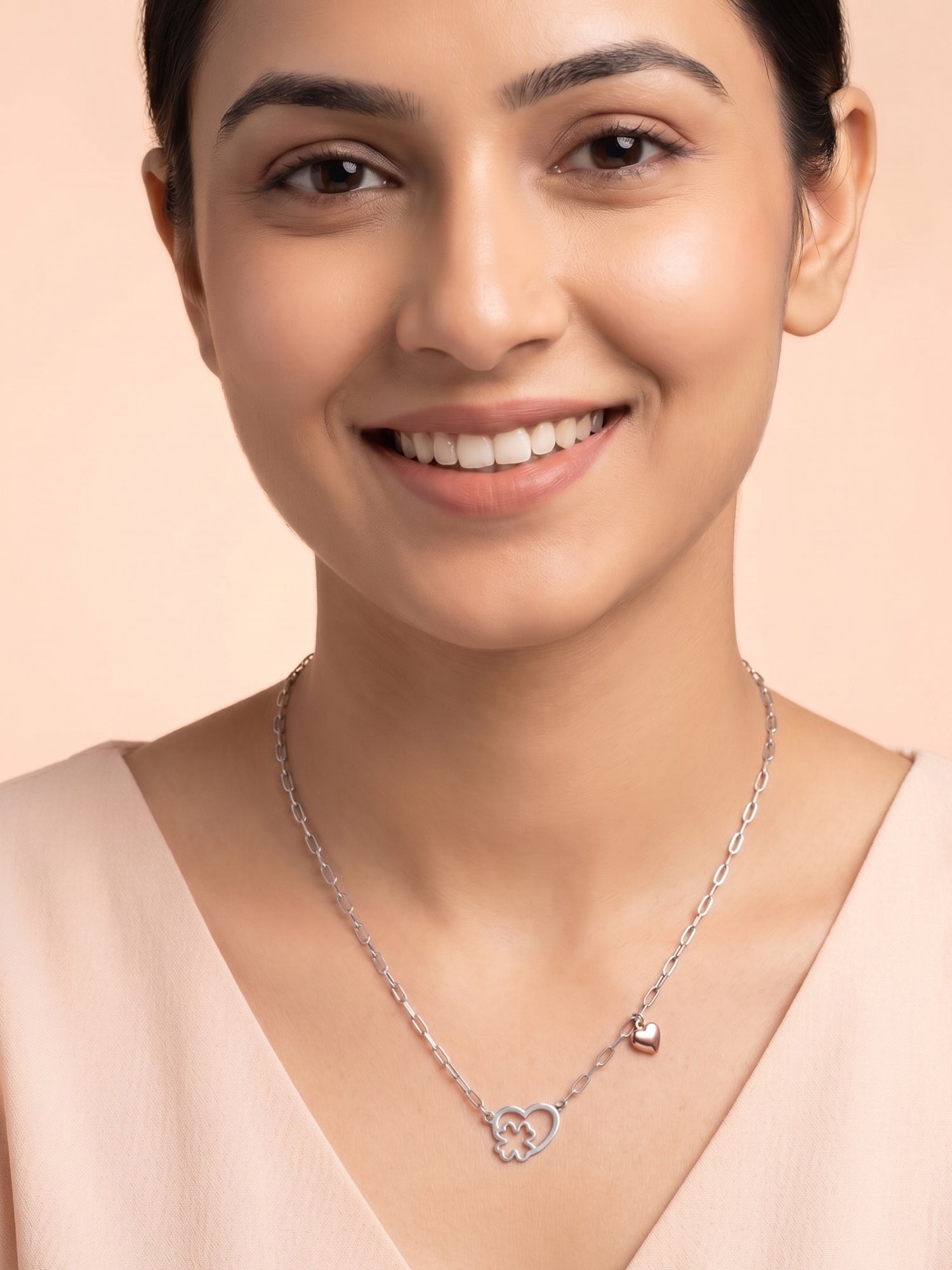 Silver & Rose Gold Heart Clover Paperclip Necklace