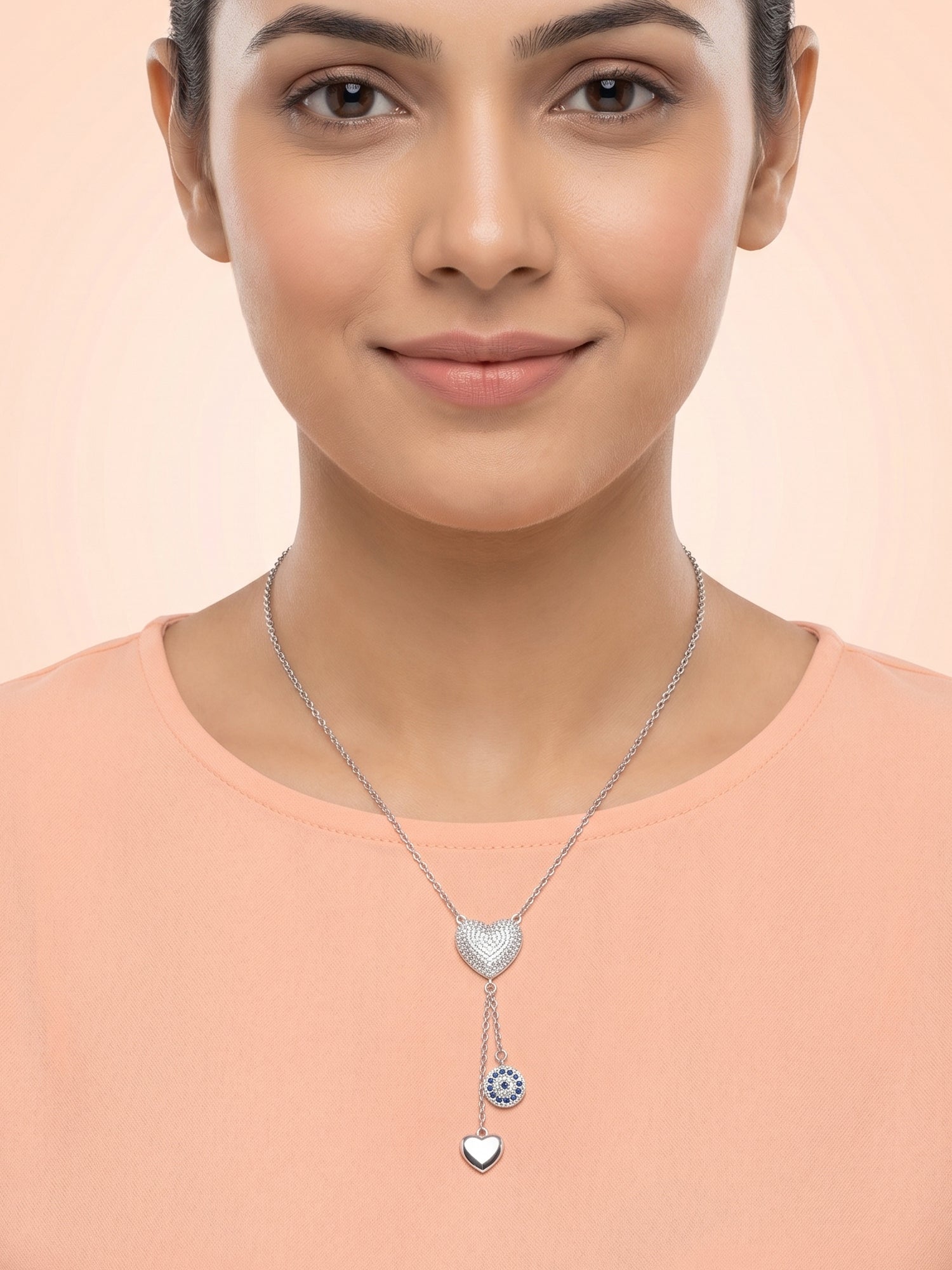 Pavé Heart & Evil Eye Lariat Necklace