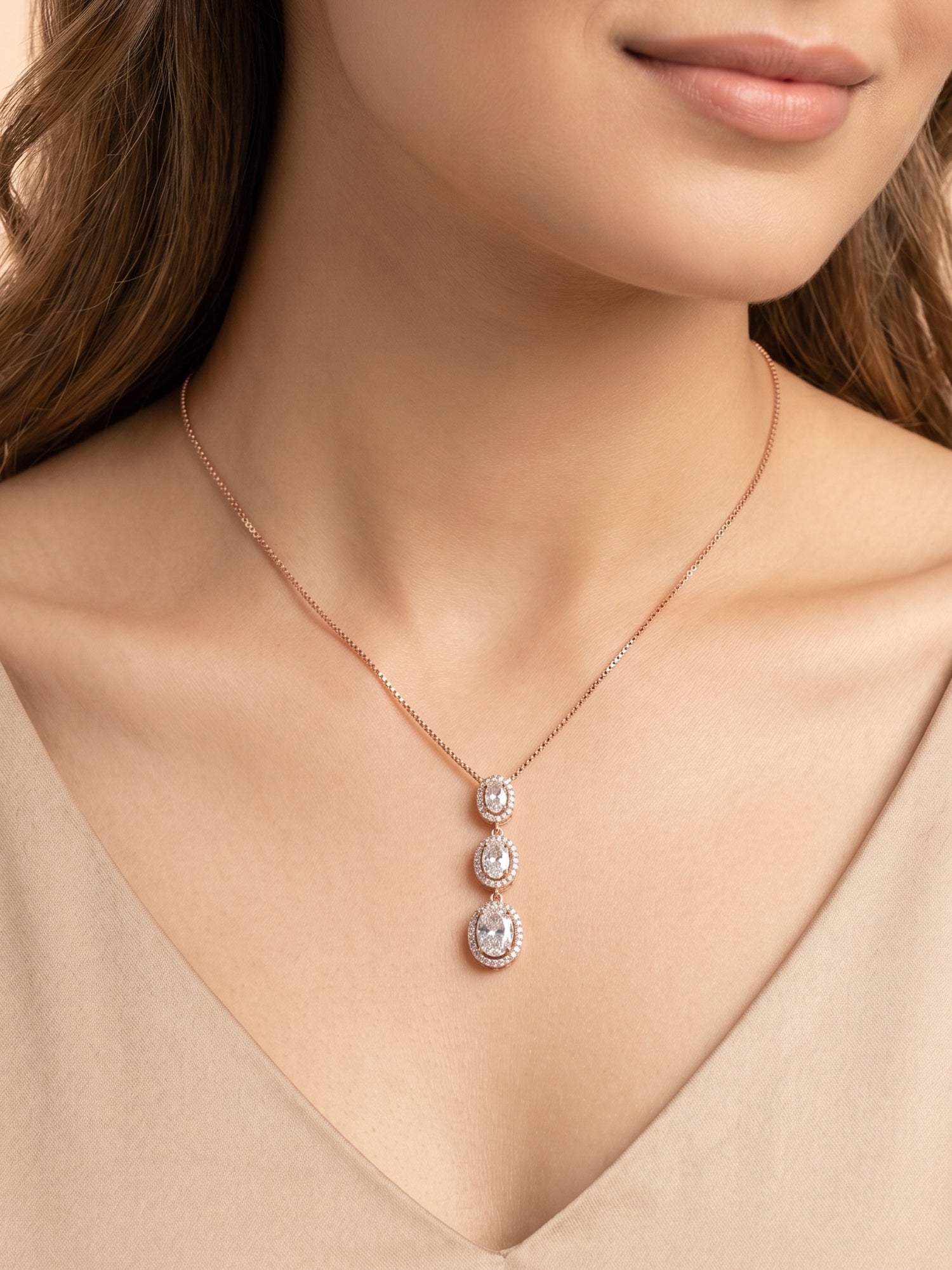 Triple Oval CZ Halo Drop Necklace in Rose Gold