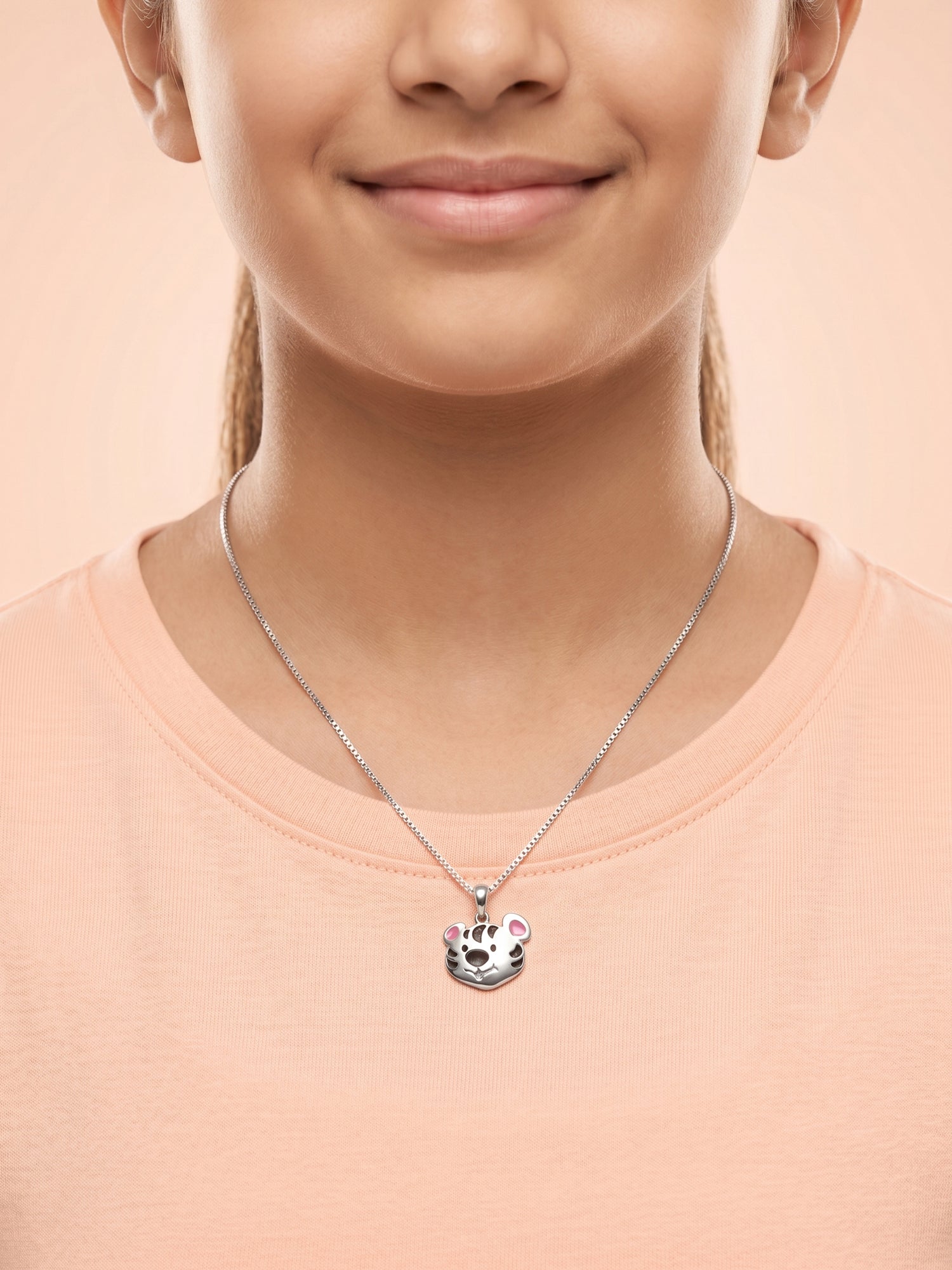 White Tiger Face Enamel Pendant Necklace for Kids