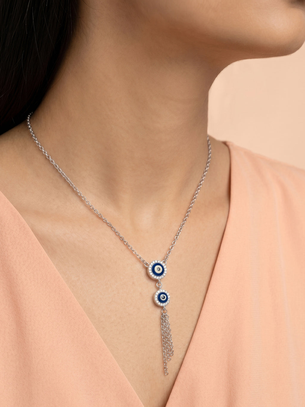 Double Evil Eye CZ Tassel Lariat Necklace