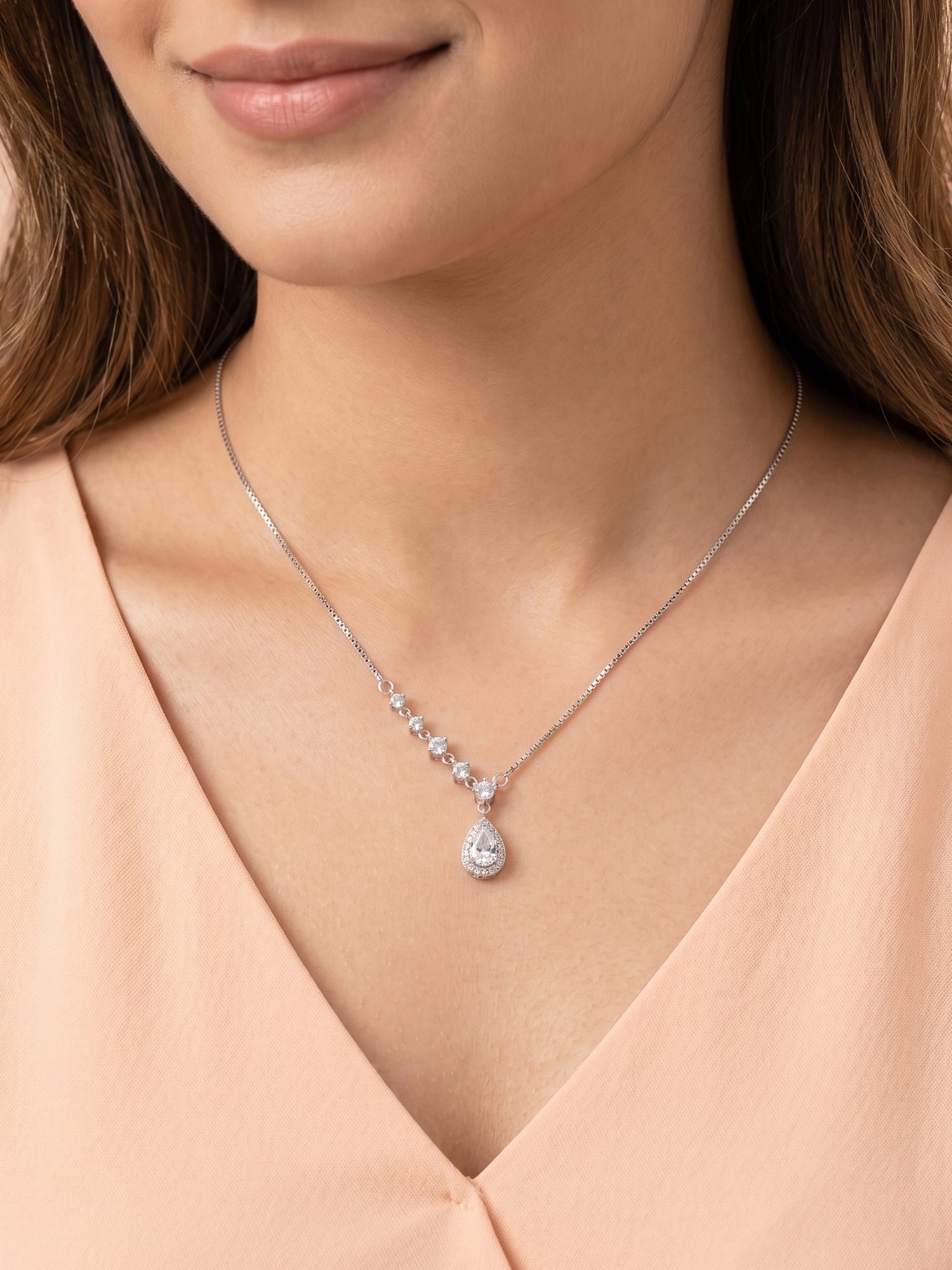 Pear-Cut CZ Halo Drop Necklace