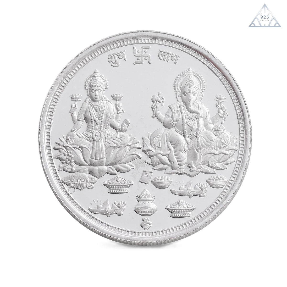 999.9 Fine Pure Silver Laxmi Ganesha Coin with "Shubh Labh" & Auspicious Symbols