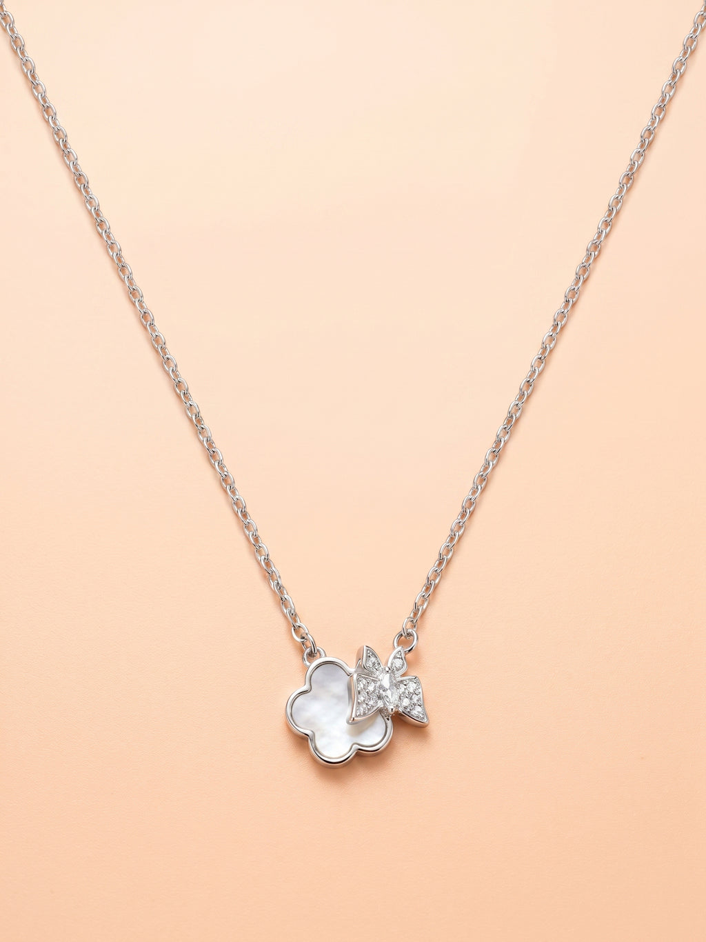 Mother of Pearl Clover & CZ Butterfly Pendant Necklace