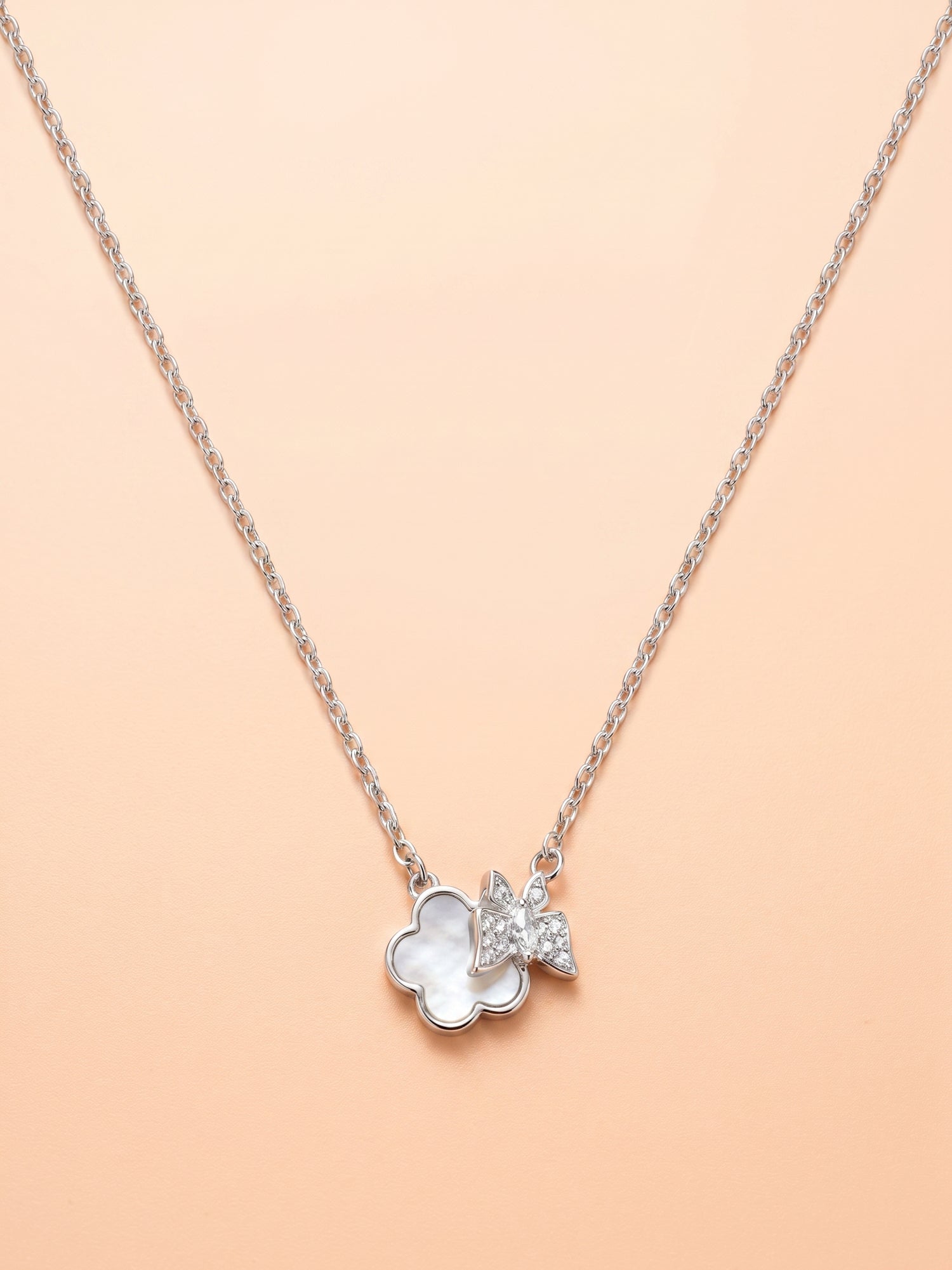 Mother of Pearl Clover & CZ Butterfly Pendant Necklace