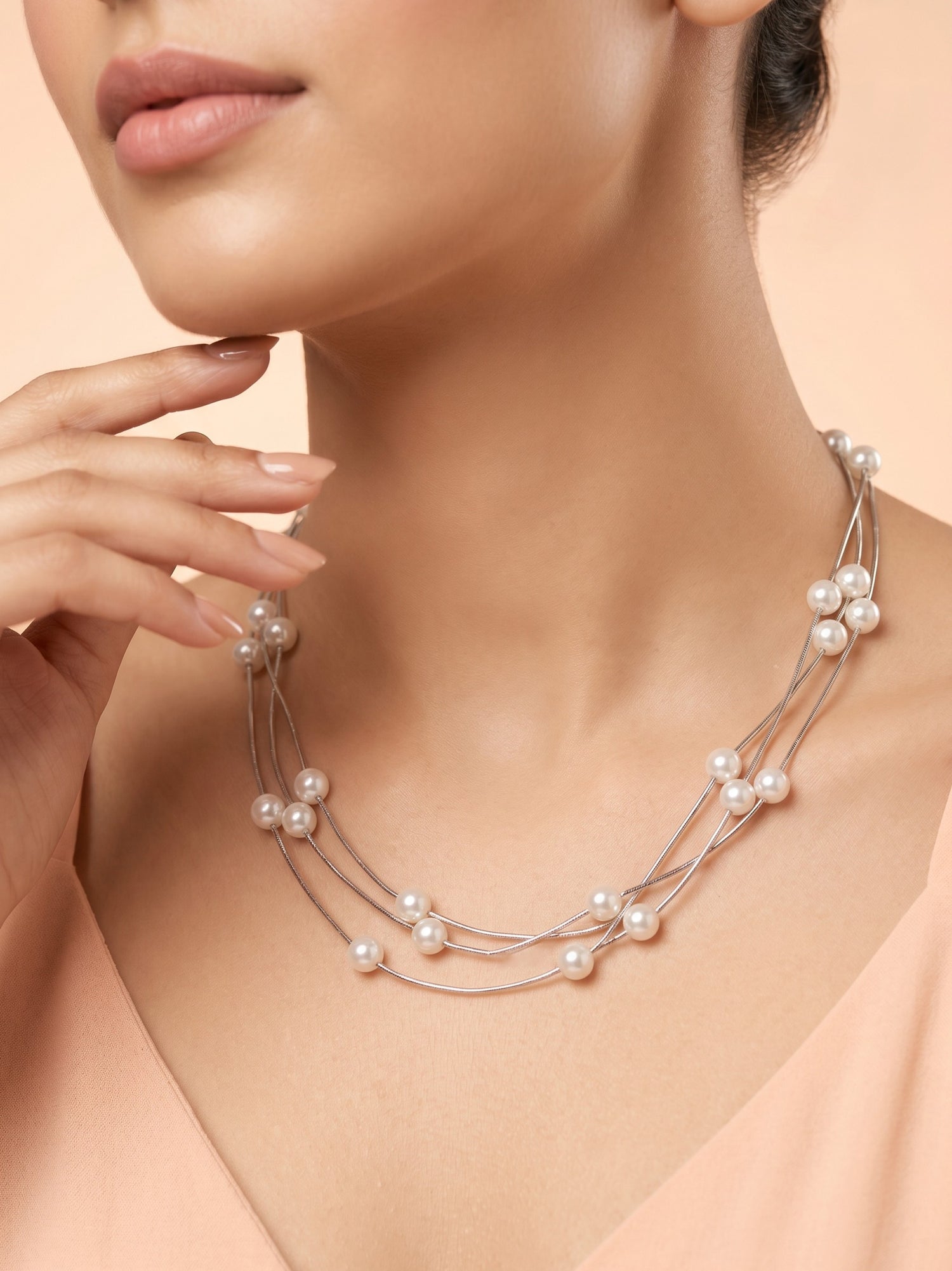 Triple Strand Floating Pearl Station Necklace