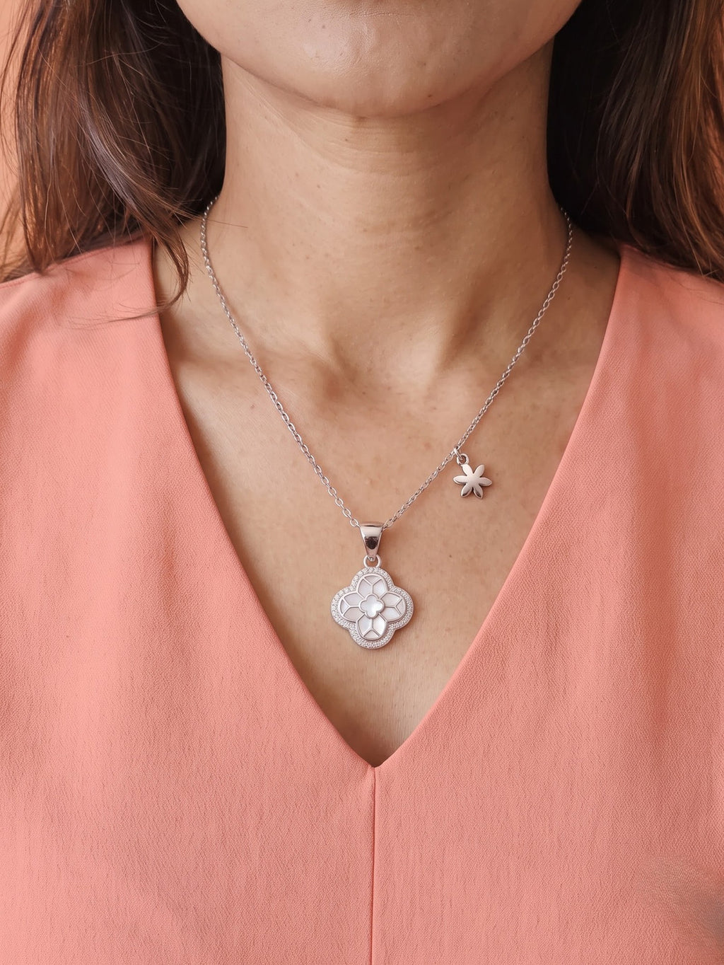 The Flora Luxe Mother-of-Pearl & CZ Clover Pendant Necklace