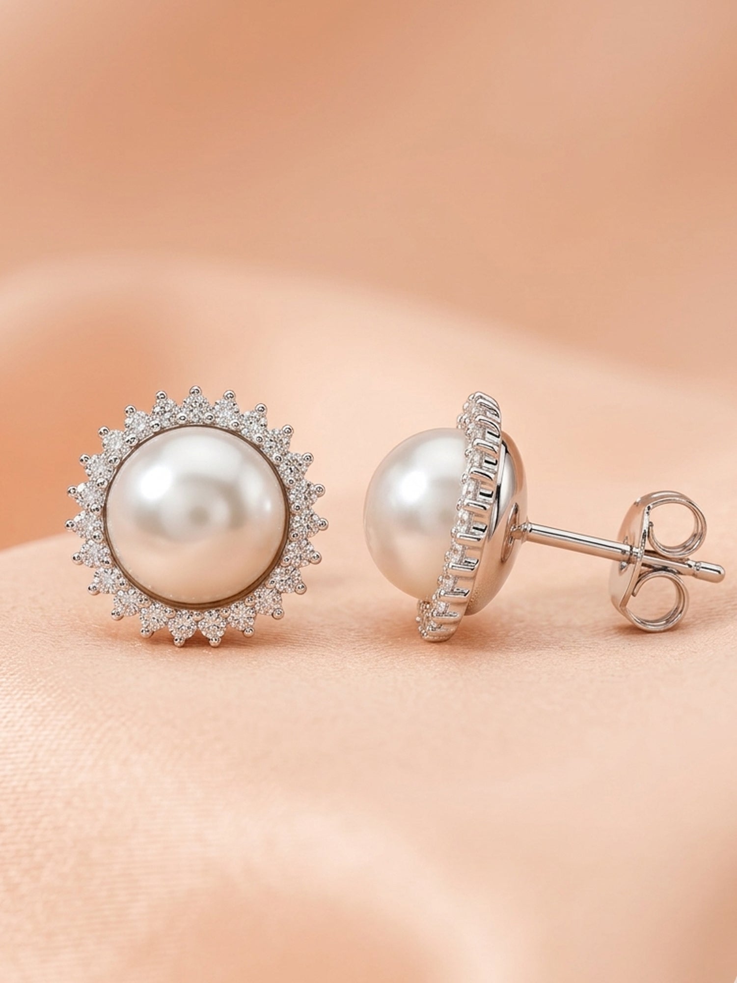 Pearl & Full Pavé CZ Sunburst Halo Stud Earrings