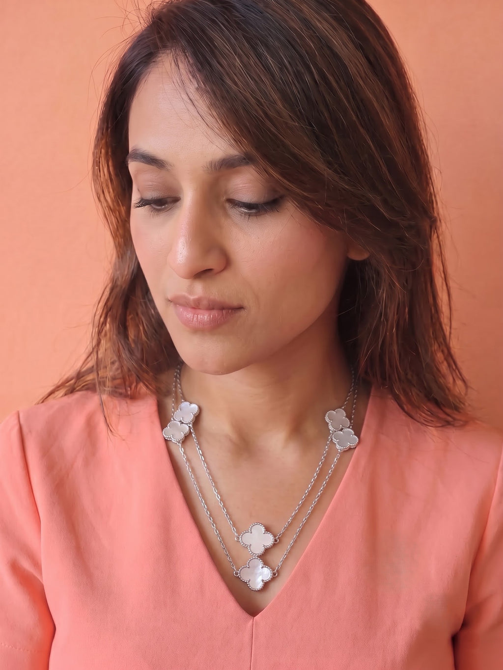 The Layered Luminance Mother-of-Pearl Clover Station Necklace
