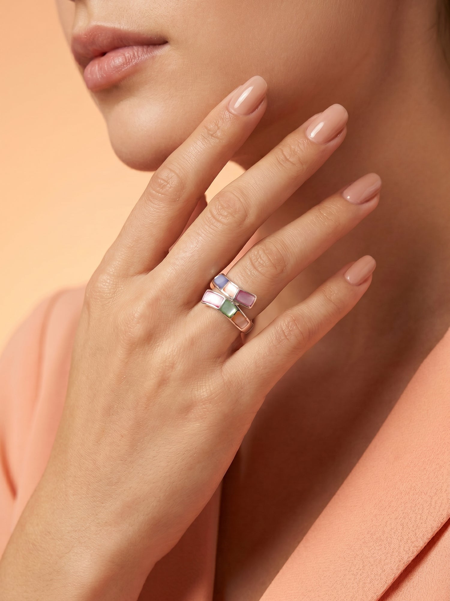 Multicolour Mother of Pearl Tile Crossover Ring
