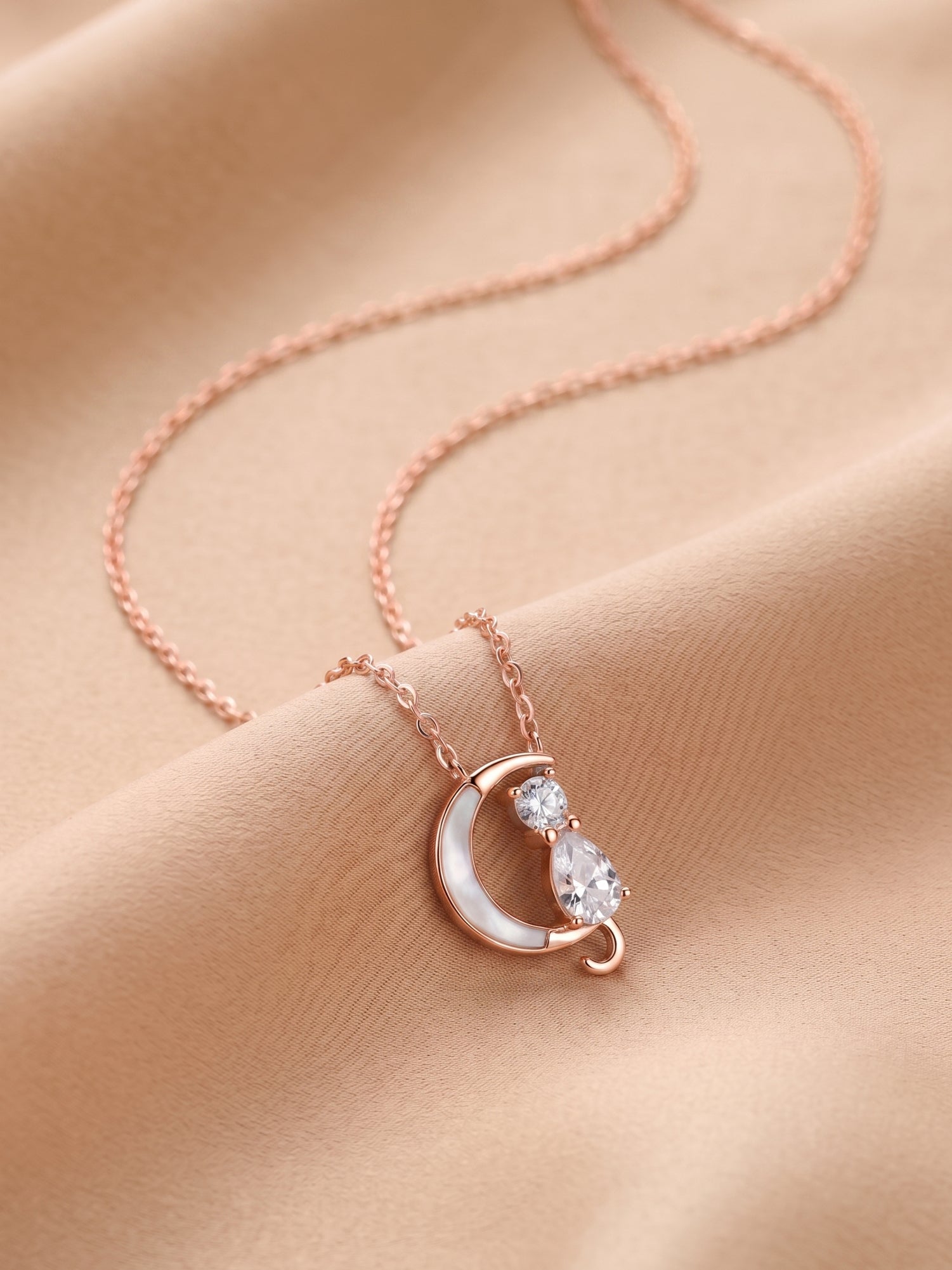 Roseate Celestial Cat & Crescent Moon Pendant Necklace