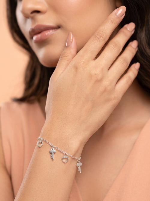 Heart & Key Charm Cable Chain Bracelet