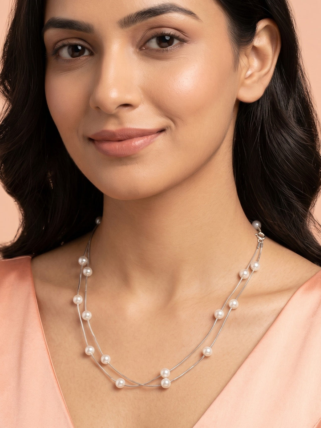Layered Pearl Tin Cup Station Necklace