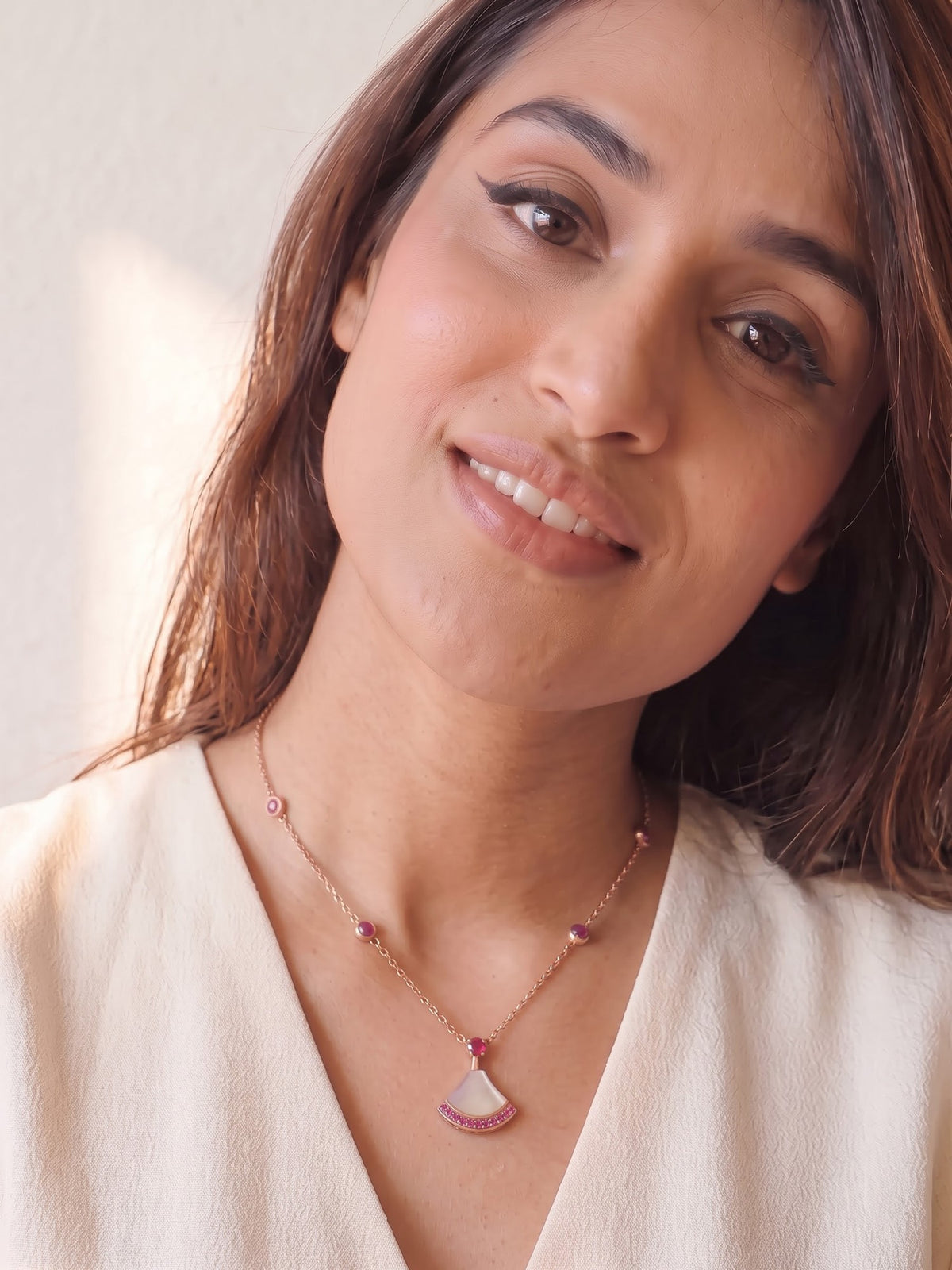 The Empress Fan Mother-of-Pearl & Ruby Station Necklace