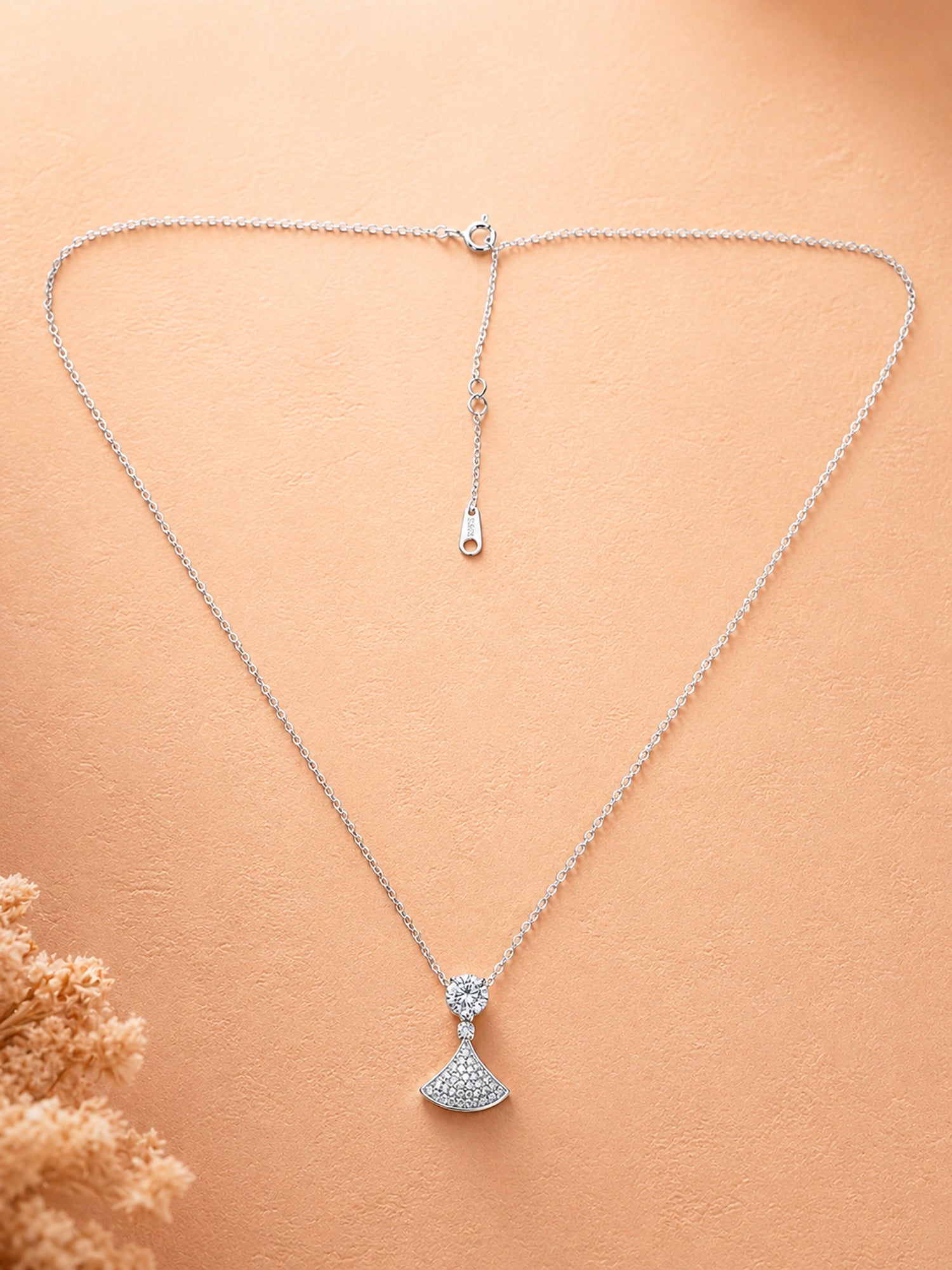 Silver Shimmering Fan & Solitaire Pendant Necklace