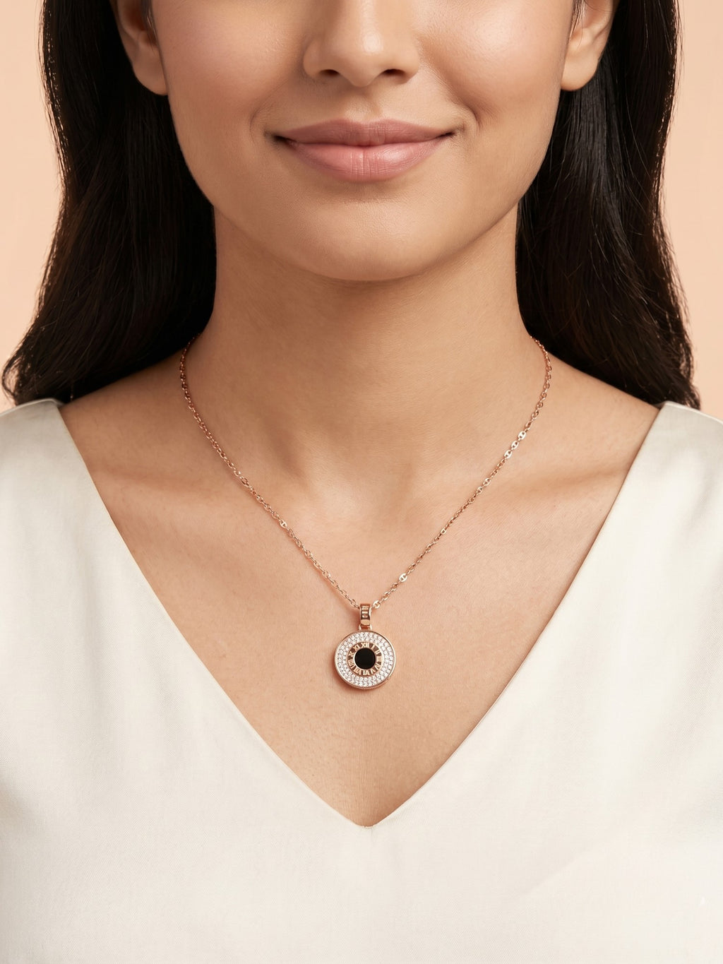 Roseate Roman Numeral Shimmering Medallion Necklace