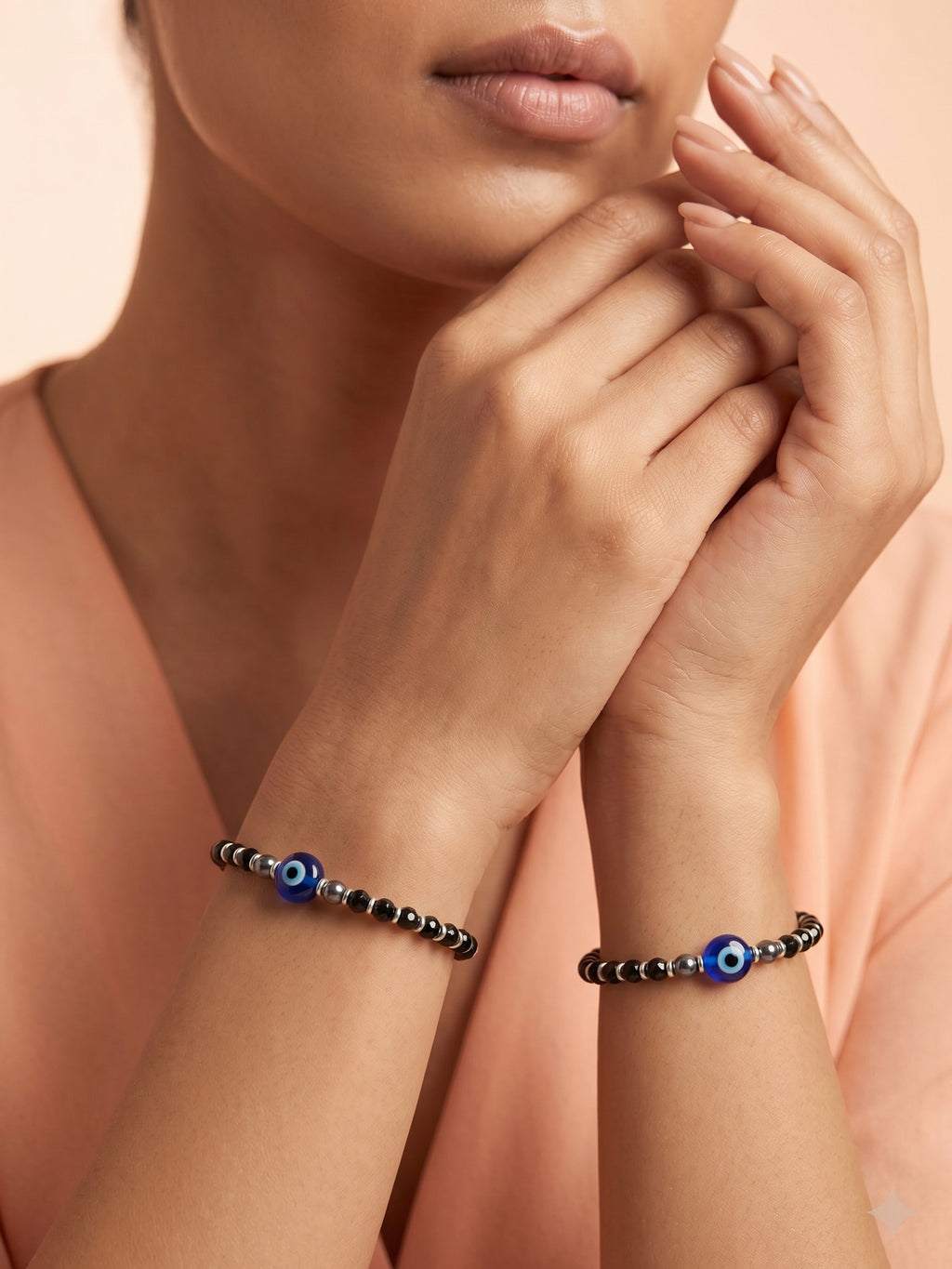 Single Evil Eye Black Crystal Bead Bracelet Set of Two