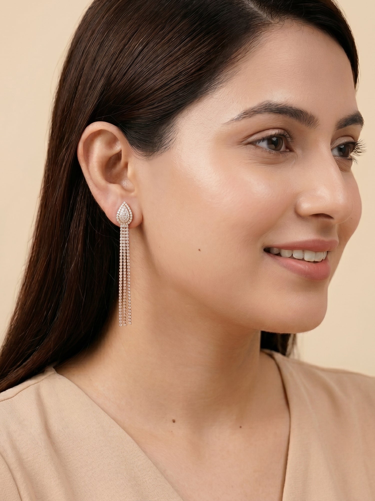 Pavé Cubic Zirconia Rose Gold Teardrop Fringe Drop Earrings