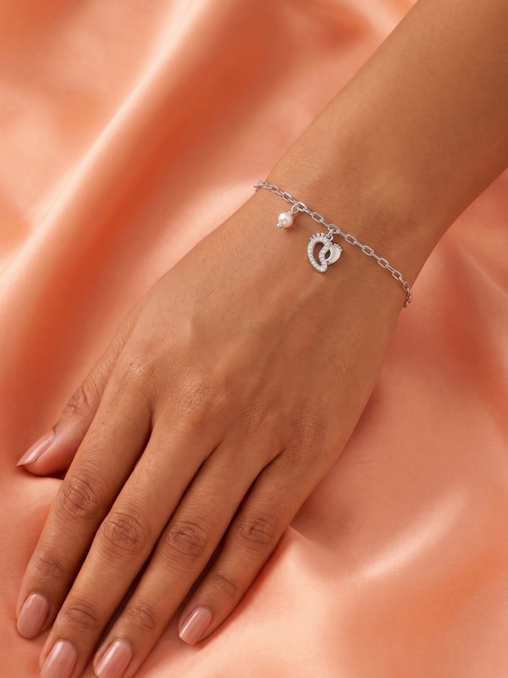 Silver Shimmering Baby Feet & Pearl Charm Bracelet