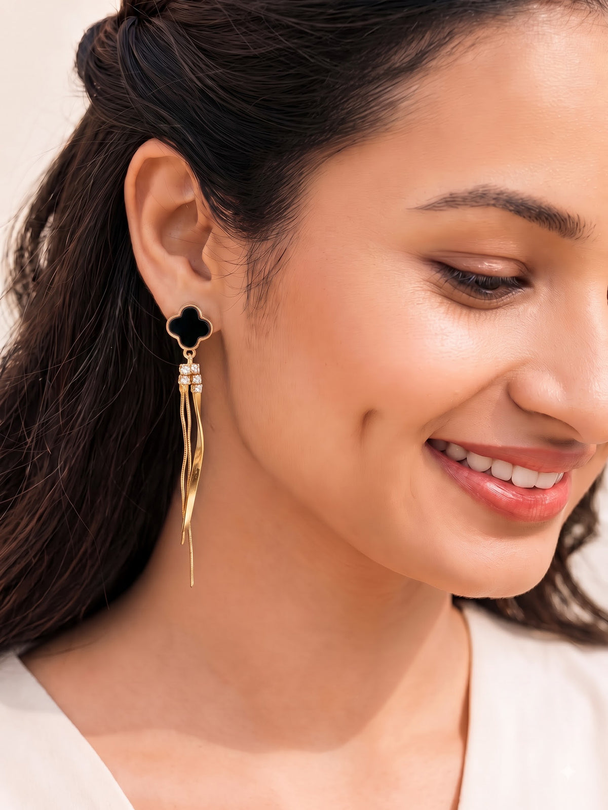 The Onyx Clover Cascading Tassel Drop Earrings