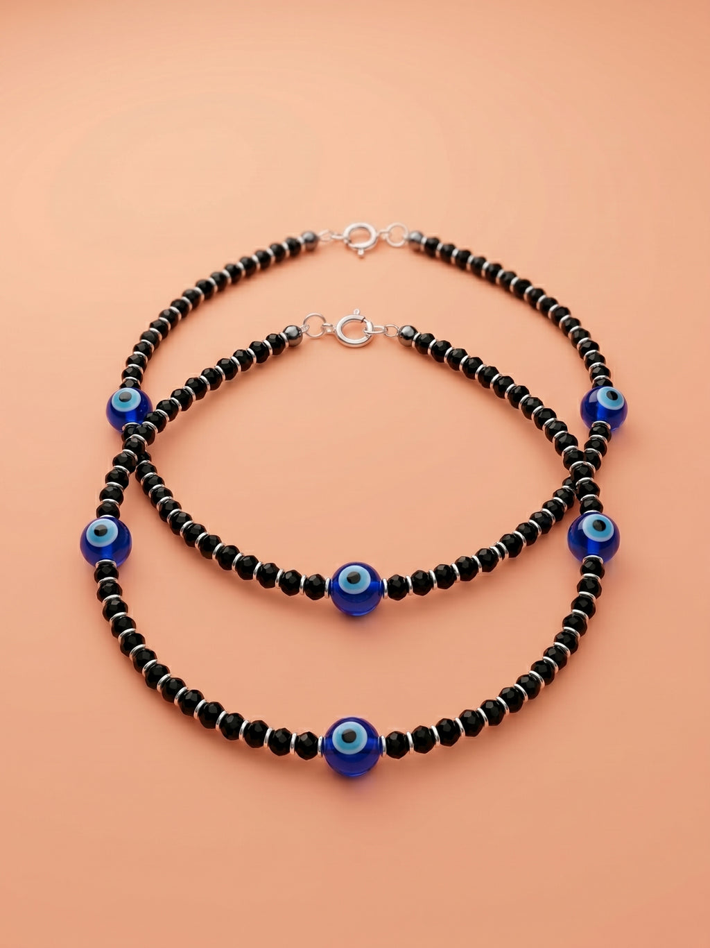 Triple Evil Eye Black Crystal Bead Anklet Set of Two