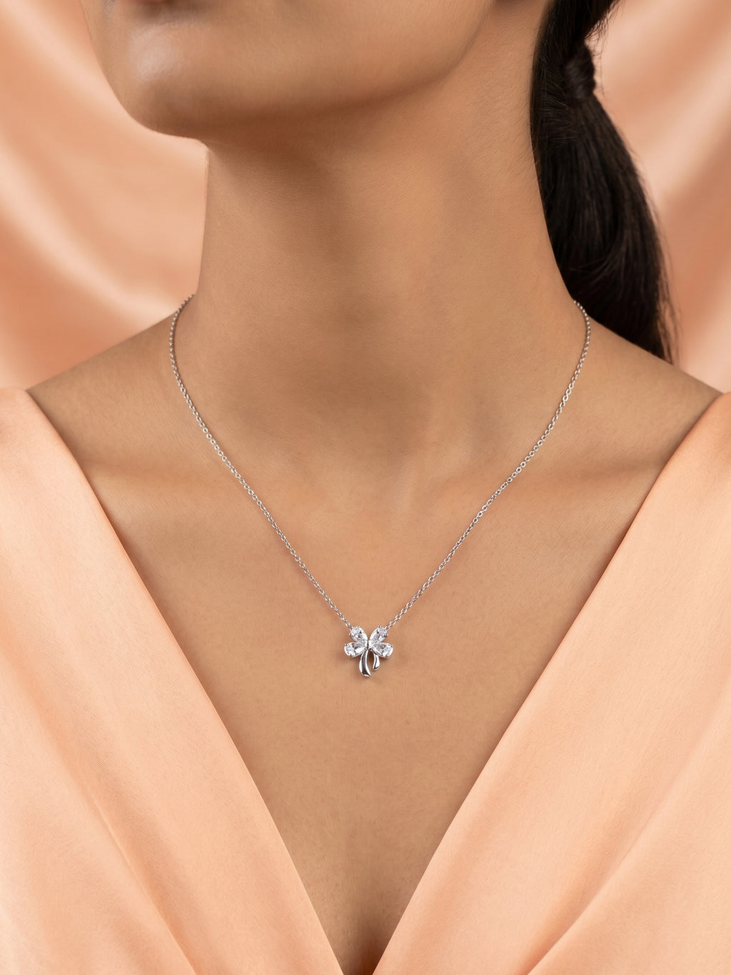 Silver Shimmering Ribbon Bow Pendant Necklace