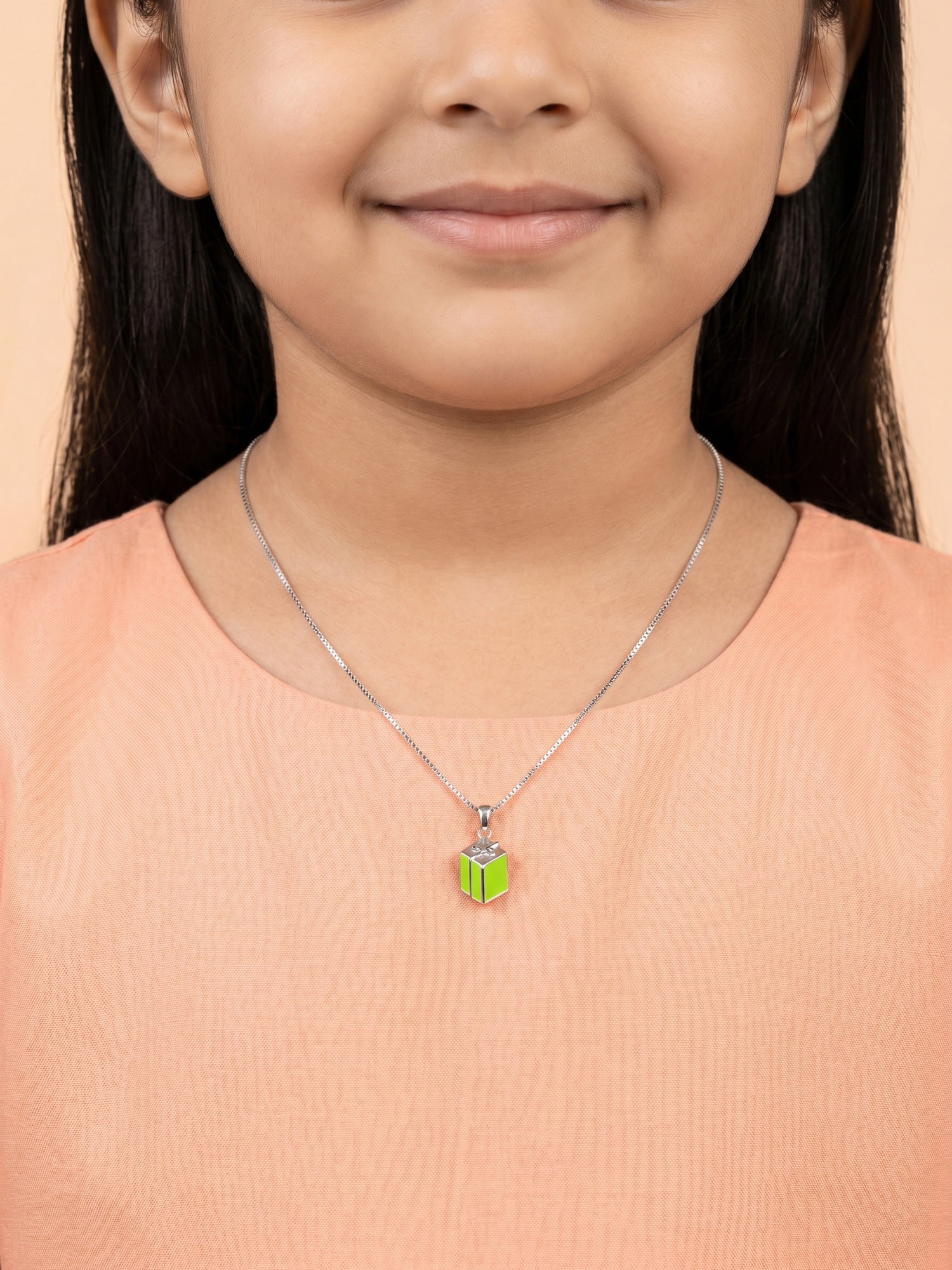 Kids Lime Green Enamel Gift Box Pendant Necklace