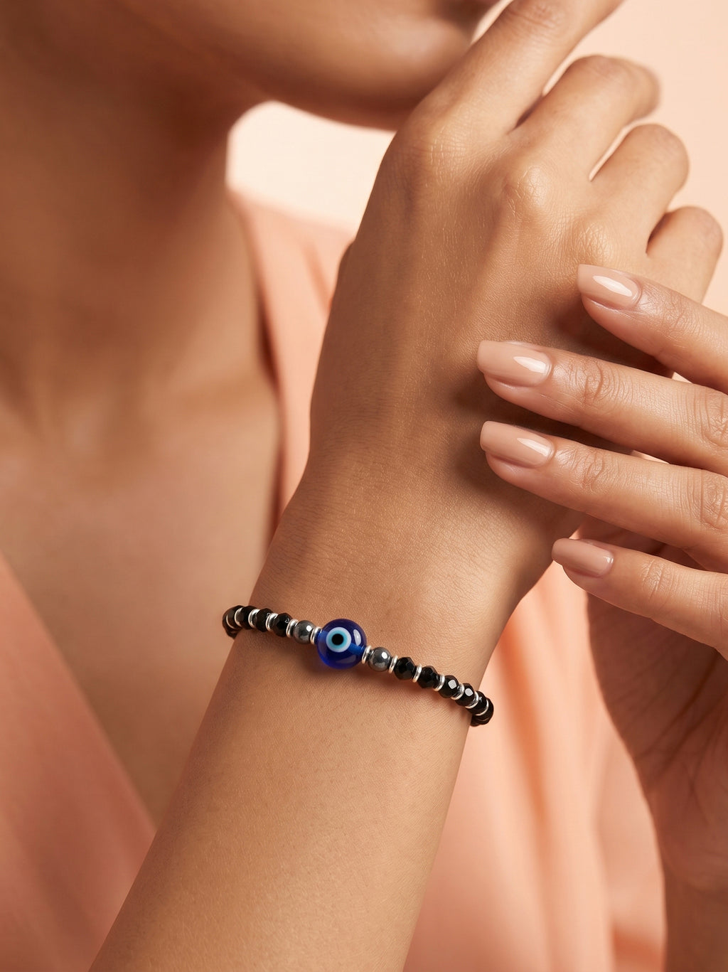 Evil Eye Black Crystal & Hematite Beaded Bracelet
